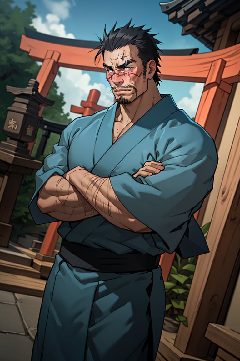 solo male, Gōzaburō Seto, My Bride is a Mermaid, Japanese, short hair, black hair,  black eyes, facial hair, thick eyebrows, scar on face, scar on nose, scar across eye, sideburns, yukata, japanese sandals, mature, handsome, charming, alluring, blush, drunk, standing, arm crossed, upper body, outdoor, japanese shrine, torii, perfect anatomy, perfect proportions, best quality, masterpiece, high_resolution, dutch angle, cowboy shot, photo background