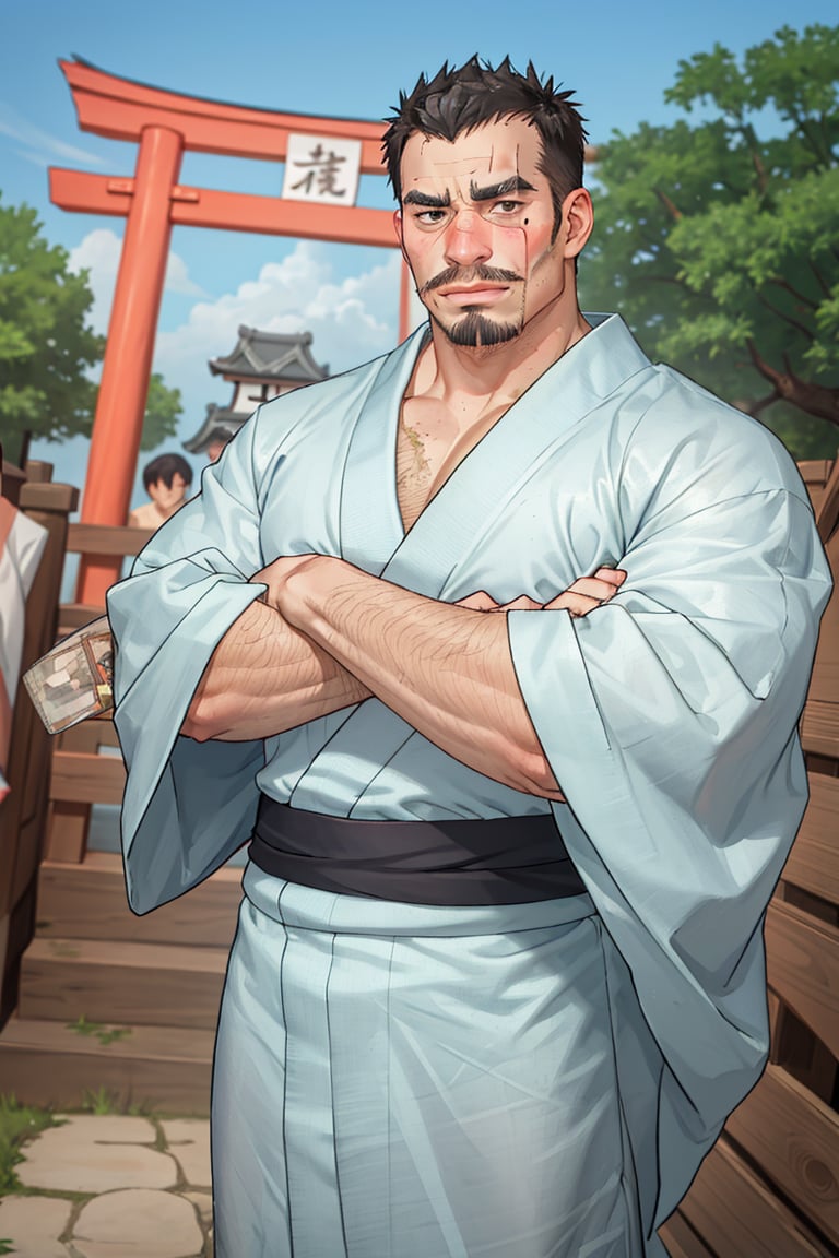 solo male, Gōzaburō Seto, My Bride is a Mermaid, Japanese, short hair, black hair,  black eyes, facial hair, thick eyebrows, scar on face, scar on nose, scar across eye, sideburns, yukata, japanese sandals, mature, handsome, charming, alluring, blush, drunk, standing, arm crossed, upper body, outdoor, japanese shrine, torii, perfect anatomy, perfect proportions, best quality, masterpiece, high_resolution, dutch angle, cowboy shot, photo background