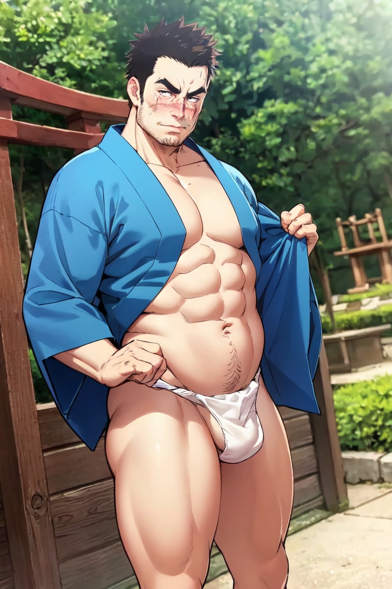 solo male, Gōzaburō Seto, My Bride is a Mermaid, Japanese, short hair, black hair,  black eyes, facial hair, thick eyebrows, scar on face, sideburns, yukata, japanese sandals, undressing, bottomless, open kimono, white fundoshi, bulge, bare chest, bare belly, (bare tights, bare buttocks:1.2),mature, handsome, charming, alluring, blush, drunk, standing, upper body, outdoor, japanese shrine, perfect anatomy, perfect proportions, best quality, masterpiece, high_resolution, dutch angle, cowboy shot, photo background,best quality, intricate details,erection, hugh penis