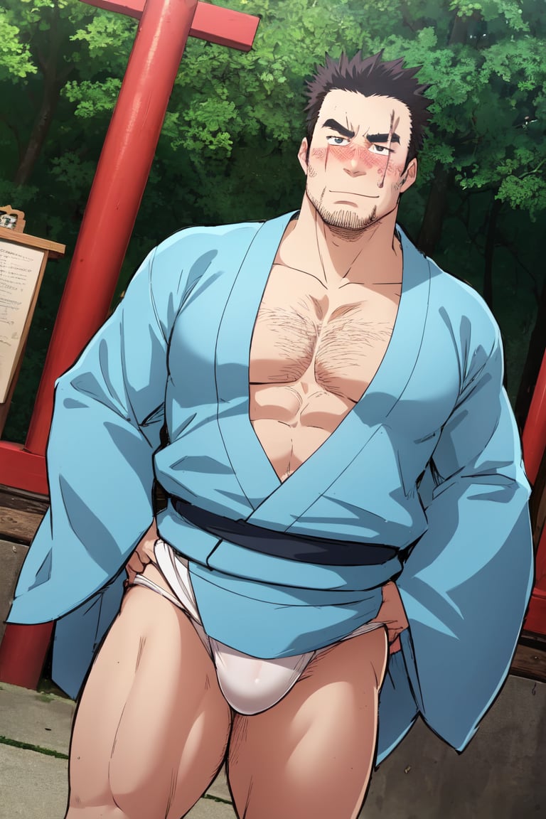 solo male, Gōzaburō Seto, My Bride is a Mermaid, Japanese, short hair, black hair,  black eyes, facial hair, thick eyebrows, scar on face, sideburns, yukata, japanese sandals, undressing, bottomless, open kimono, white fundoshi, bulge, bare chest, bare belly, (bare tights, bare buttocks:1.2),mature, handsome, charming, alluring, blush, drunk, standing, upper body, outdoor, japanese shrine, perfect anatomy, perfect proportions, best quality, masterpiece, high_resolution, dutch angle, cowboy shot, photo background,best quality, intricate details,Fundoshi