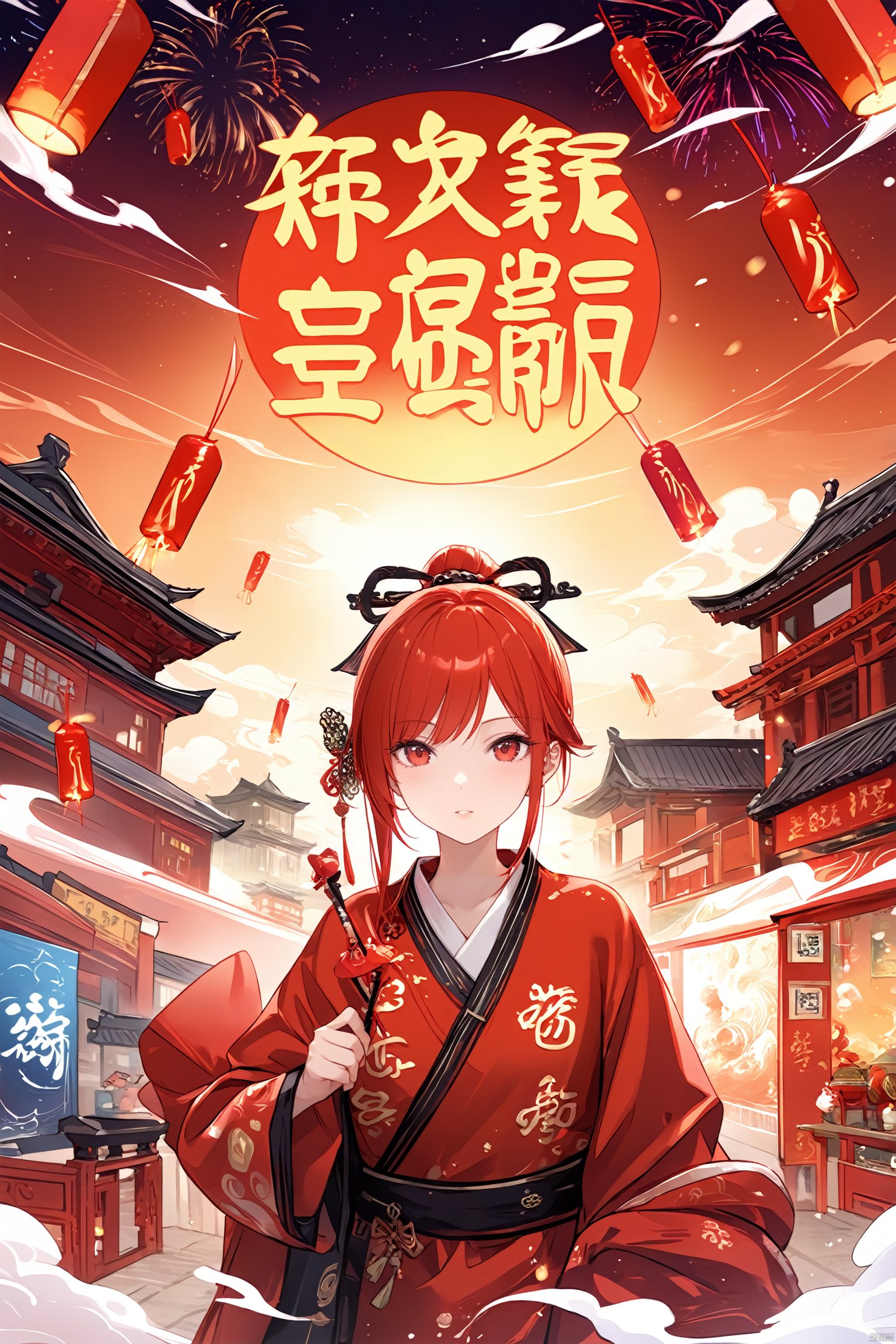  hubg_design, colorful, poster design, flat Illustration, digital art, anime style, masterpiece, best quality, official art,
1girl,upper body,Poster, New Year poster, red theme,auspicious clouds, firecrackers, ,fireworks, Chinese, lights, magazine cover,Graphic design,HUBG_Beauty_Girl, 
Intricate, Complex contrast, HDR,OverallDetail, HUBG_Beauty_Girl