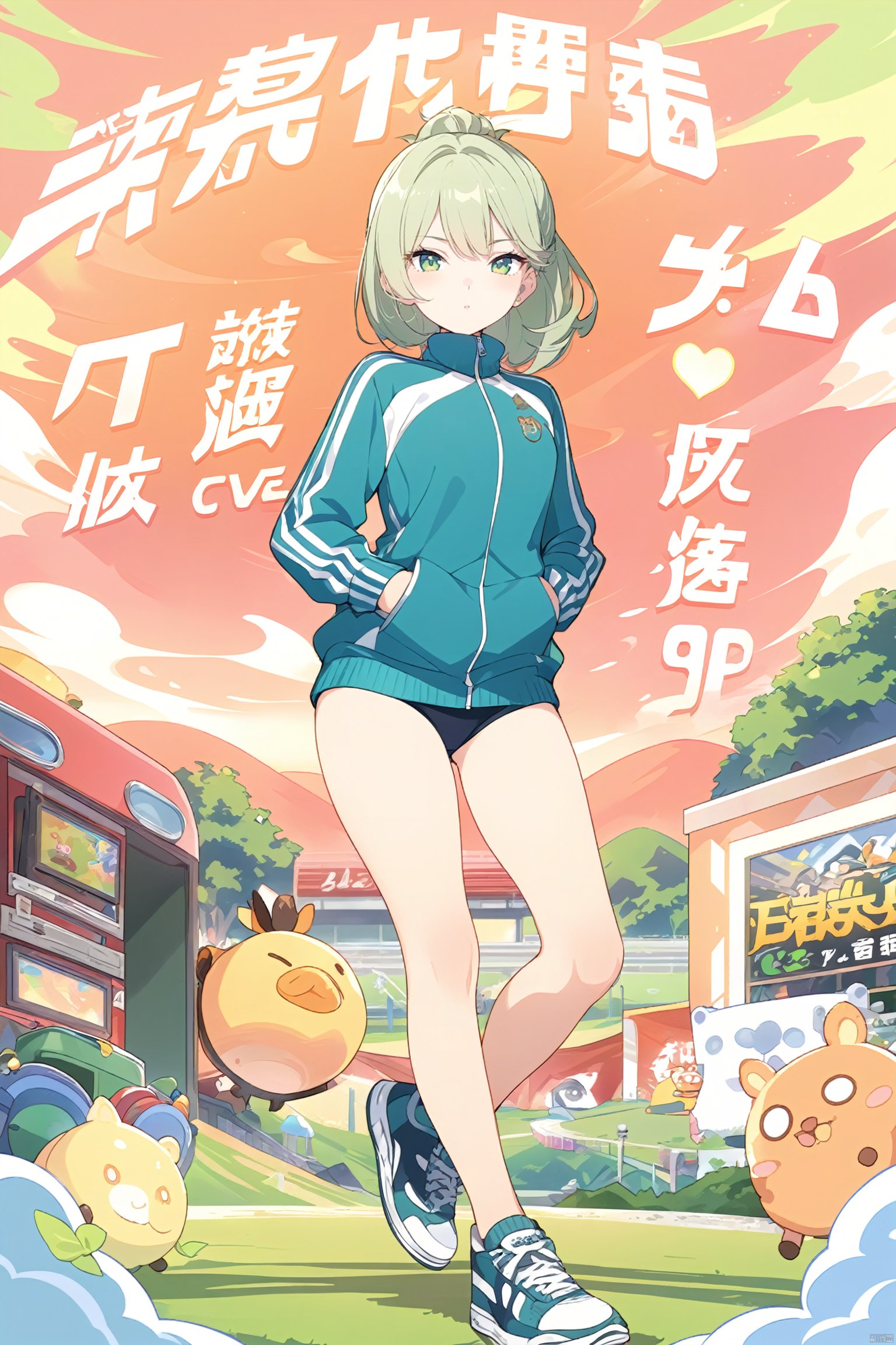  hubg_design, colorful, poster design, flat Illustration, digital art, anime style, masterpiece, best quality, official art,
1girl, solo,green eyes,track jacket, 