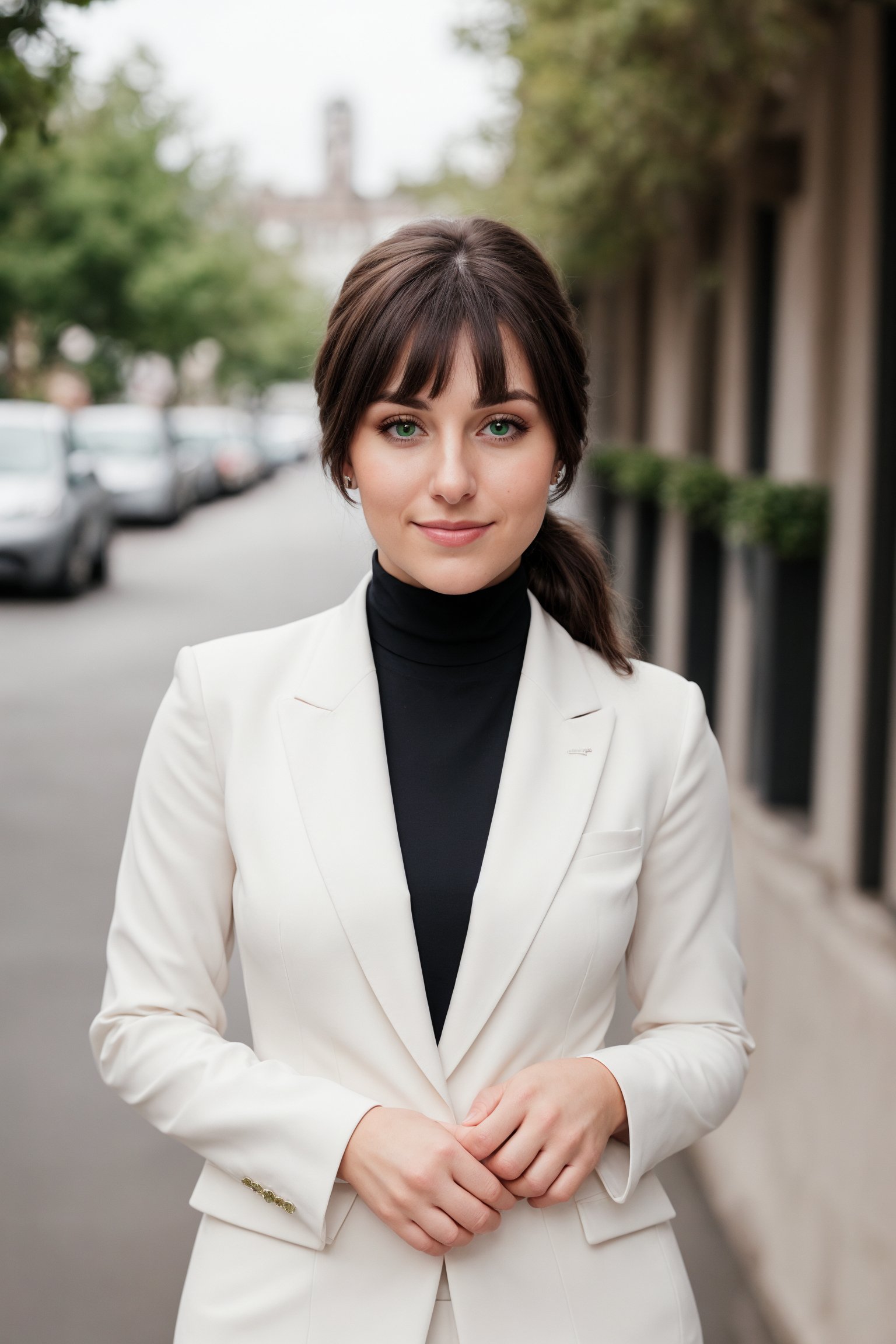 a photo of a cute 30-year-old woman, dgmochav2_TI, professional portrait photo,Slack-jawed awe look on face, high neck Emerald Kashmiri Pashmina Suit, high ponytail and bangs, soft lighting, solo, background of Tech Startup