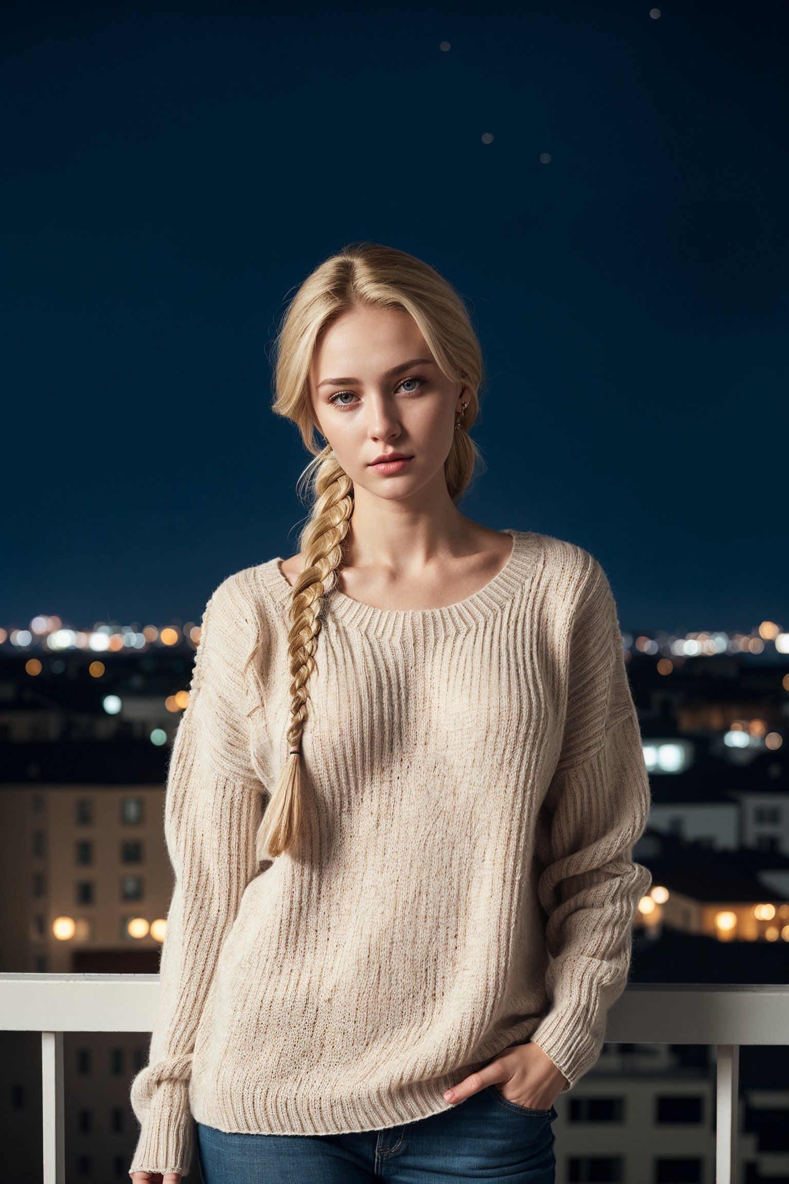 Ukrainian girl, onlyfans model, (wearing oversized cotton sweater), standing in balcony,(((night))), ((braided_hair, blond_hair)), from_front,hyperrealism,Hyper Realistic