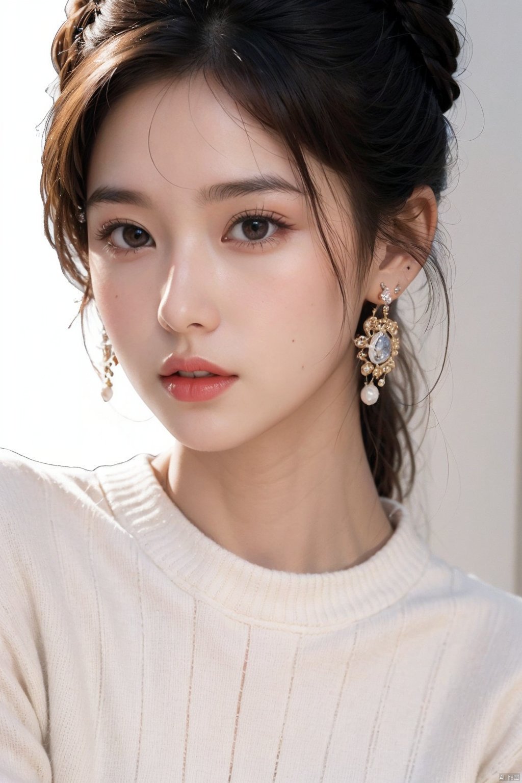 1girl, solo, jewelry, realistic, earrings, looking at viewer, lips, lipstick，white sweater, portrait, black hair, long hair, nose, piercing, long sleeves, closed mouth, eyelashes, double bun, ear piercing, close-up,