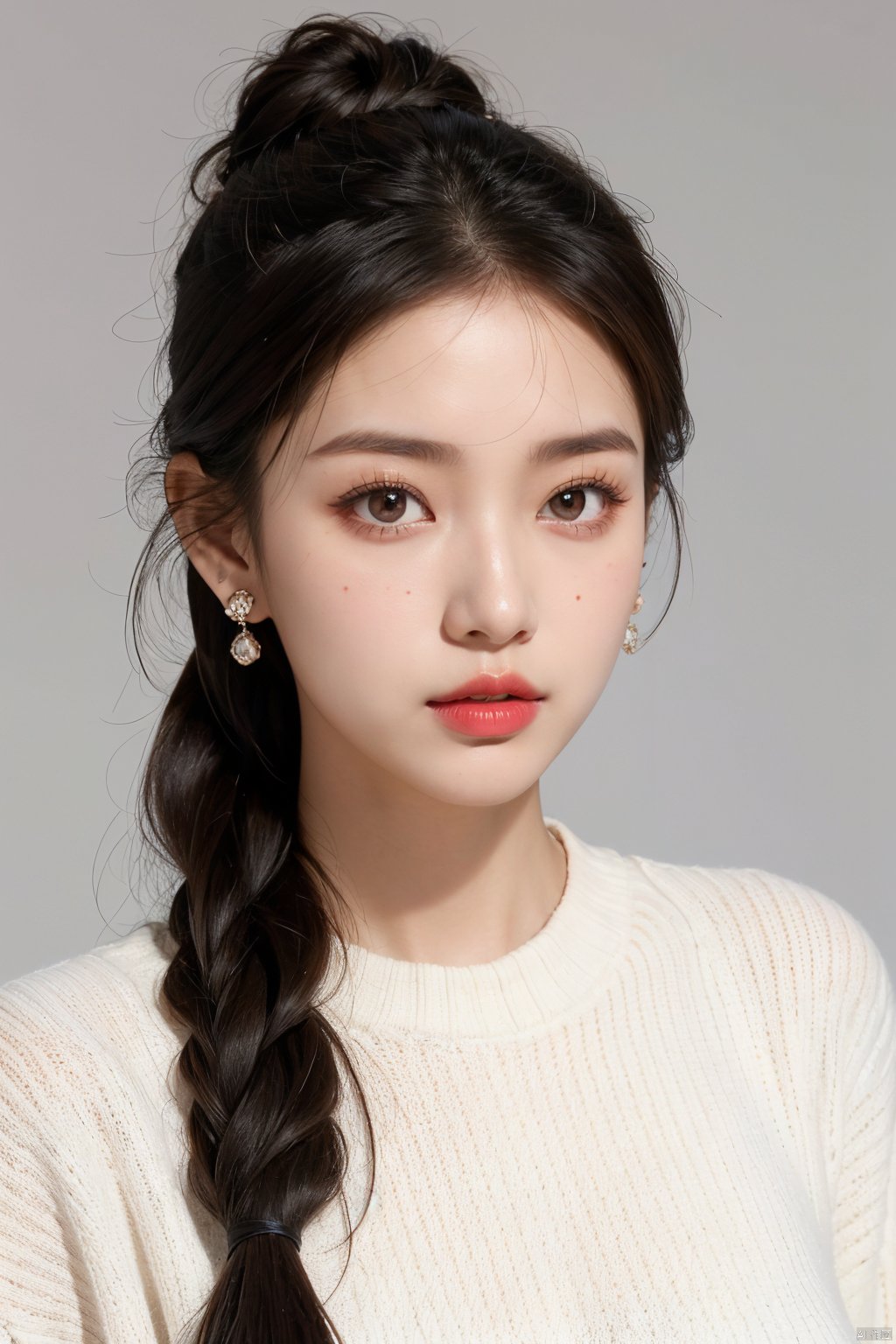  1girl, solo, jewelry, realistic, earrings, looking at viewer, lips, lipstick,white sweater, portrait, black hair, long hair, nose, piercing, long sleeves, closed mouth, eyelashes, double bun, ear piercing, close-up, 1 girl