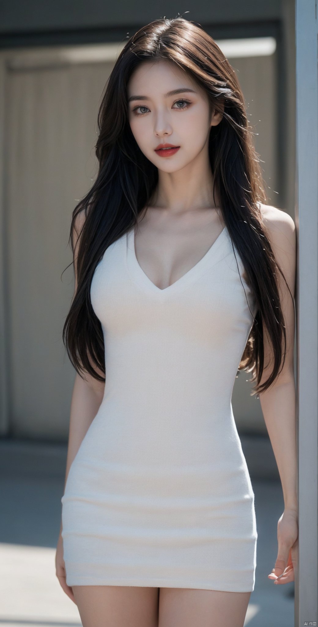  (masterpiece, best quality:1.4),finely detailed,1girl,solo,pale skin,(half body photo:1.5),Keywords simple background, depth of field, blurred background,Sling dress,Lipstick, shallow smile,Medium-sized chest, Black hair, straight hair, long hair,Thin,21 years old,Advanced, cinematic effect,