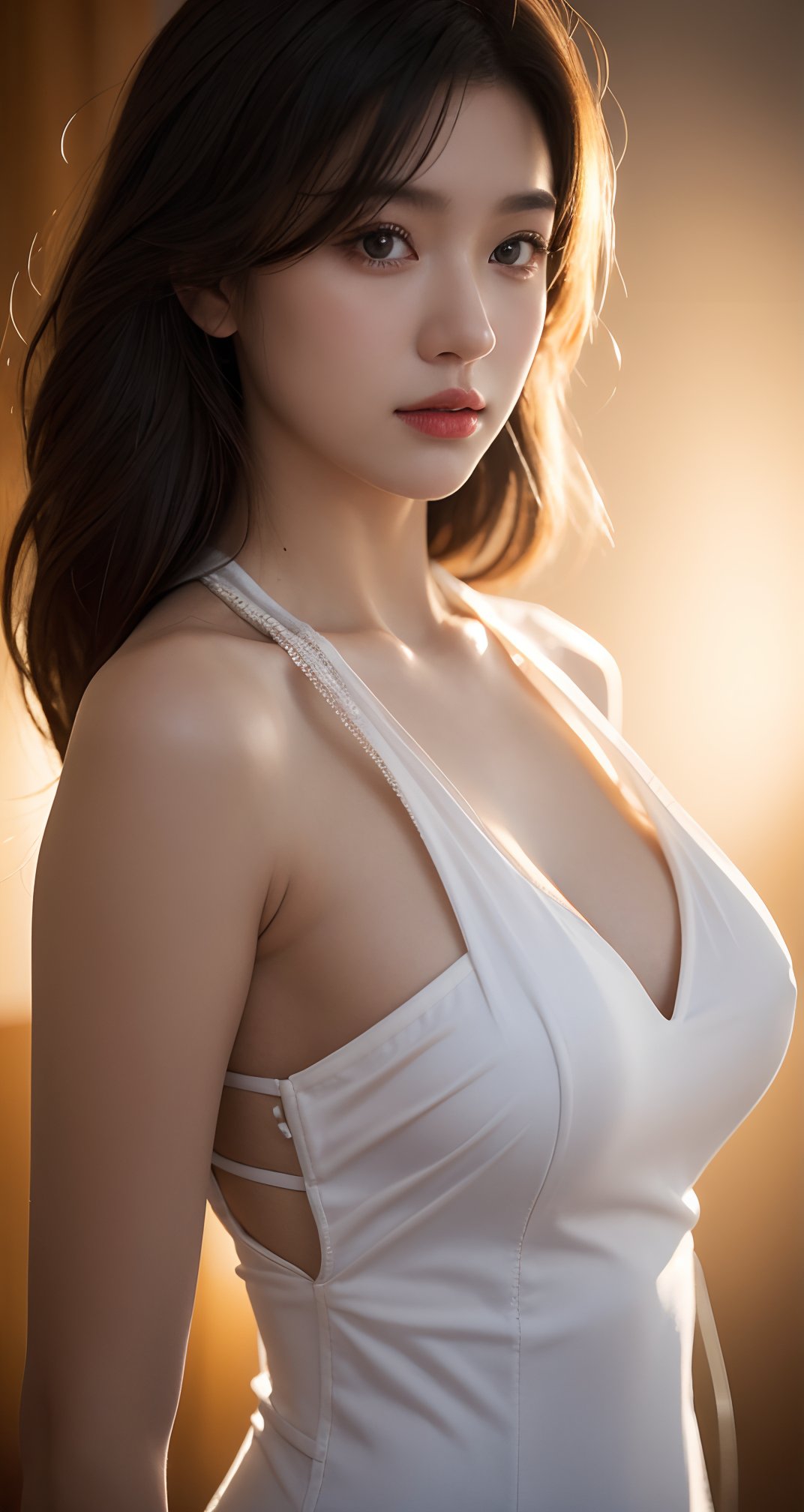 1girl,solo,bust,upper_body,close-up,looking_at_viewer,simple_background,<lora:1>,depth_of_field,blurry,Volumetric Lighting,Cinematic Lighting,Tyndall effect,huge filesize,photo,real,halter_dress,