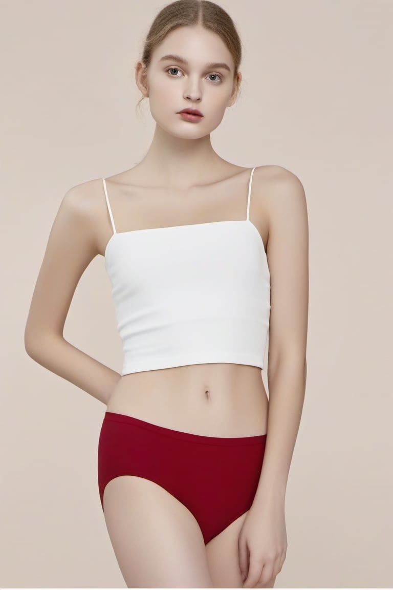 full_body, European, woman, white camisole, red panties, standing barefoot, perfect face in focus, (wide shoulders), looking_at_viewer, navel, midriff, (makeup), mascara, skin pores, bright lighting, poor contrast, good quality, good aesthetic, good blur, good noise, 8k