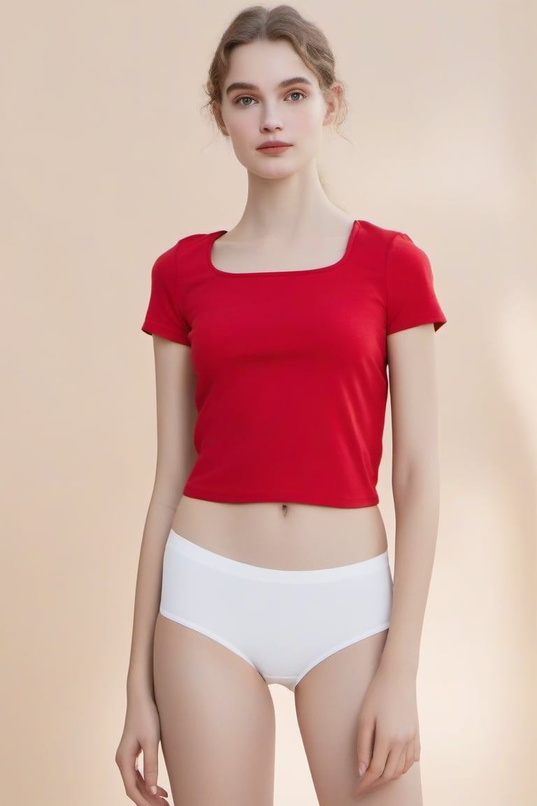 full_body, European, woman, red t-shirt , white panties, standing barefoot, perfect face in focus, (wide shoulders), looking_at_viewer, navel, midriff, (makeup), mascara, skin pores, bright lighting, poor contrast, good quality, good aesthetic, good blur, good noise, 8k