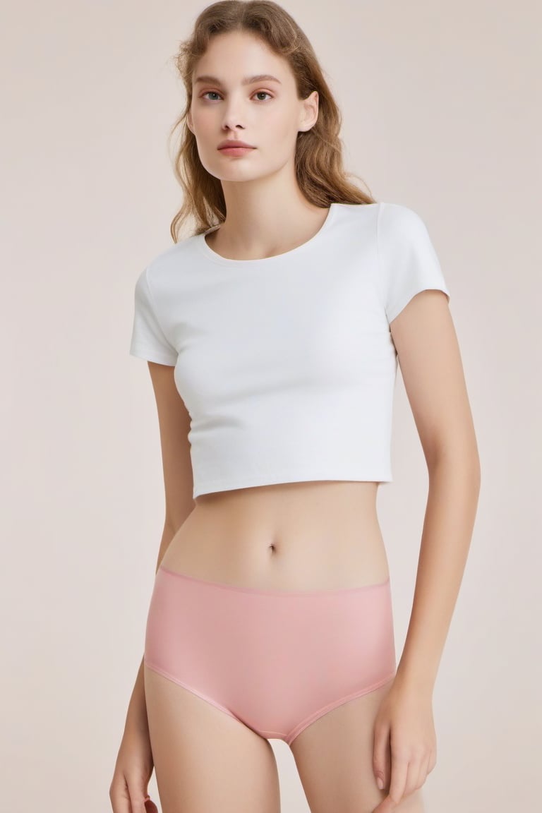 full_body, European, woman, white t-shirt, pink panties, standing barefoot, perfect face in focus, (wide shoulders), looking_at_viewer, navel, midriff, (makeup), mascara, skin pores, bright lighting, poor contrast, good quality, good aesthetic, good blur, good noise, 8k