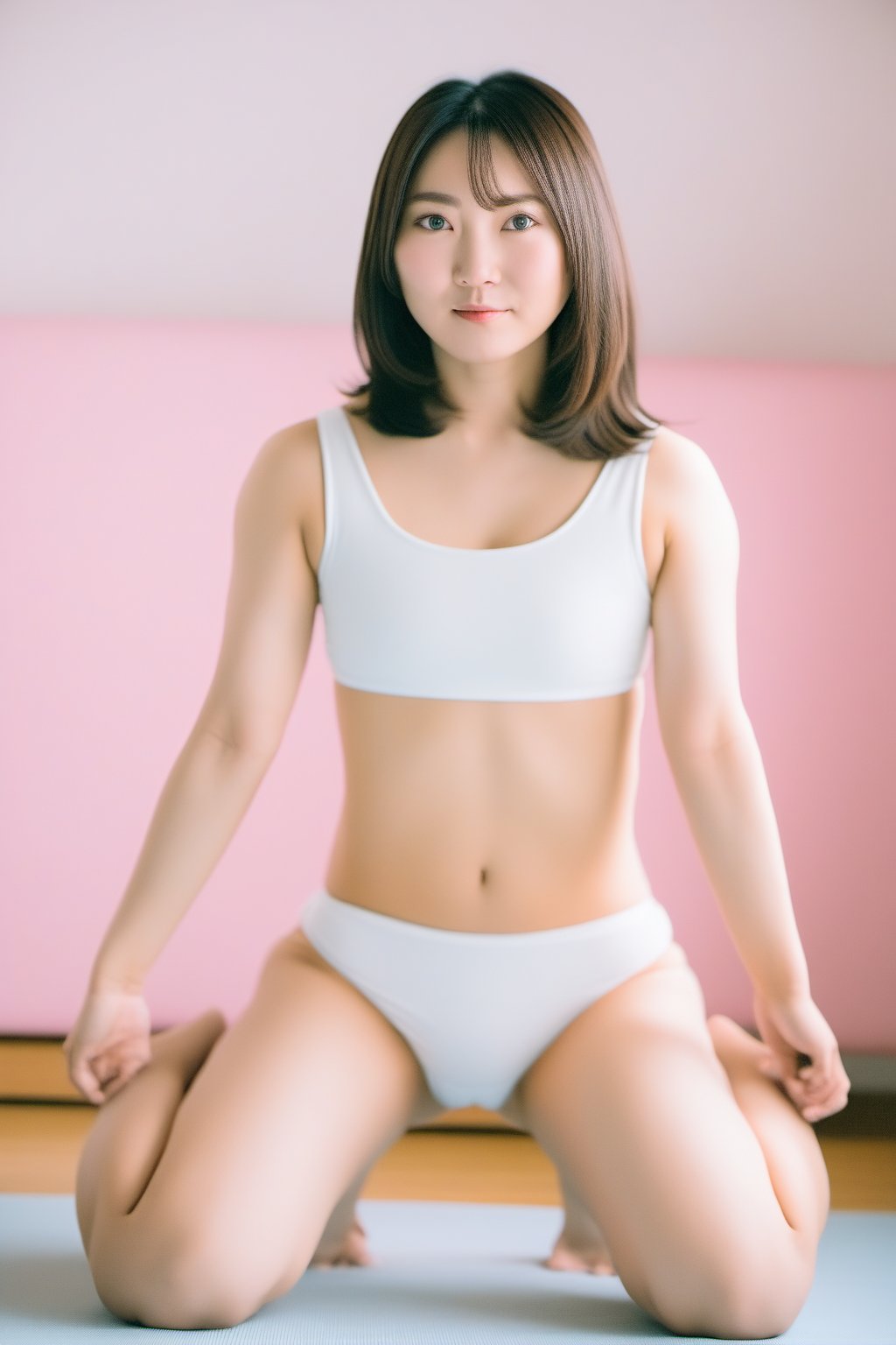 full_body, Asian , woman, bra , white panties, squatting , perfect face in focus, (wide shoulders), looking_at_viewer, navel, midriff, (makeup), mascara, ((kawaii)), skin pores, bright lighting, poor contrast, good quality, good aesthetic, good blur, good noise, 8k