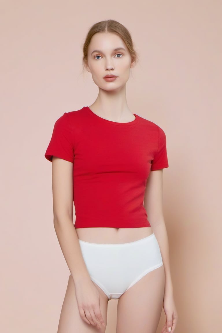 full_body, European, woman, red t-shirt , white panties, standing barefoot, perfect face in focus, (wide shoulders), looking_at_viewer, navel, midriff, (makeup), mascara, skin pores, bright lighting, poor contrast, good quality, good aesthetic, good blur, good noise, 8k