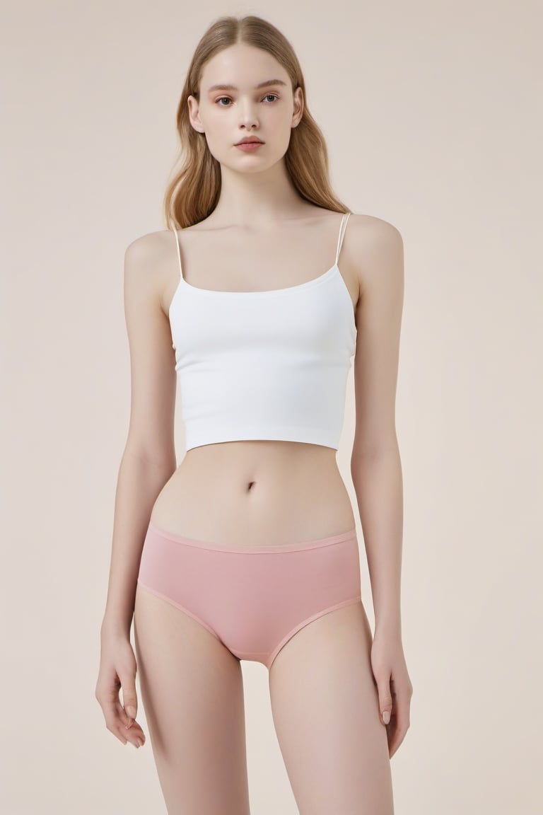 full_body, European, woman, white camisole, pink panties, standing barefoot, perfect face in focus, (wide shoulders), looking_at_viewer, navel, midriff, (makeup), mascara, skin pores, bright lighting, poor contrast, good quality, good aesthetic, good blur, good noise, 8k