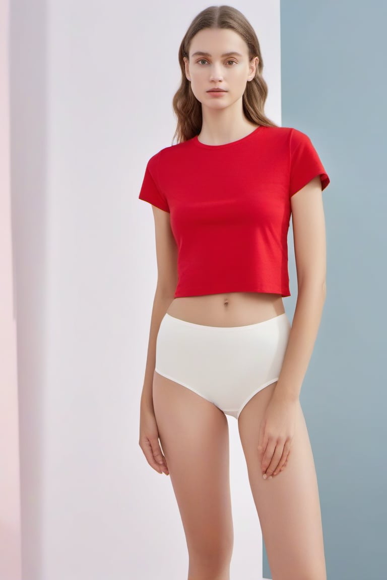 full_body, European, woman, red t-shirt , white panties, standing barefoot, perfect face in focus, (wide shoulders), looking_at_viewer, navel, midriff, (makeup), mascara, skin pores, bright lighting, poor contrast, good quality, good aesthetic, good blur, good noise, 8k