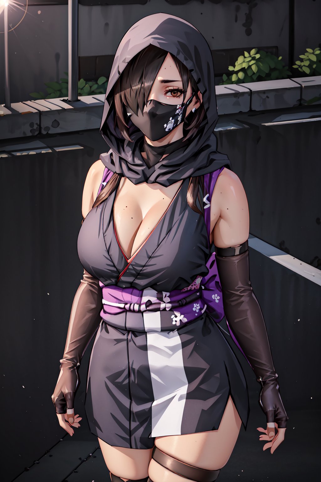 best quality,masterpiece,illustration,portrait,(solo),female ninja,ninja mask,black hair,brown_eyes,elbow gloves,fingerless_gloves,sleeveless short kimono,kimono obi,sandals,thigh strap,hood,thigh strap,large_breast,cleavage,hair over one eye,Cowboy shot,incredibly absurdres,highres,closeup,armpit,fcloseup,outdoor