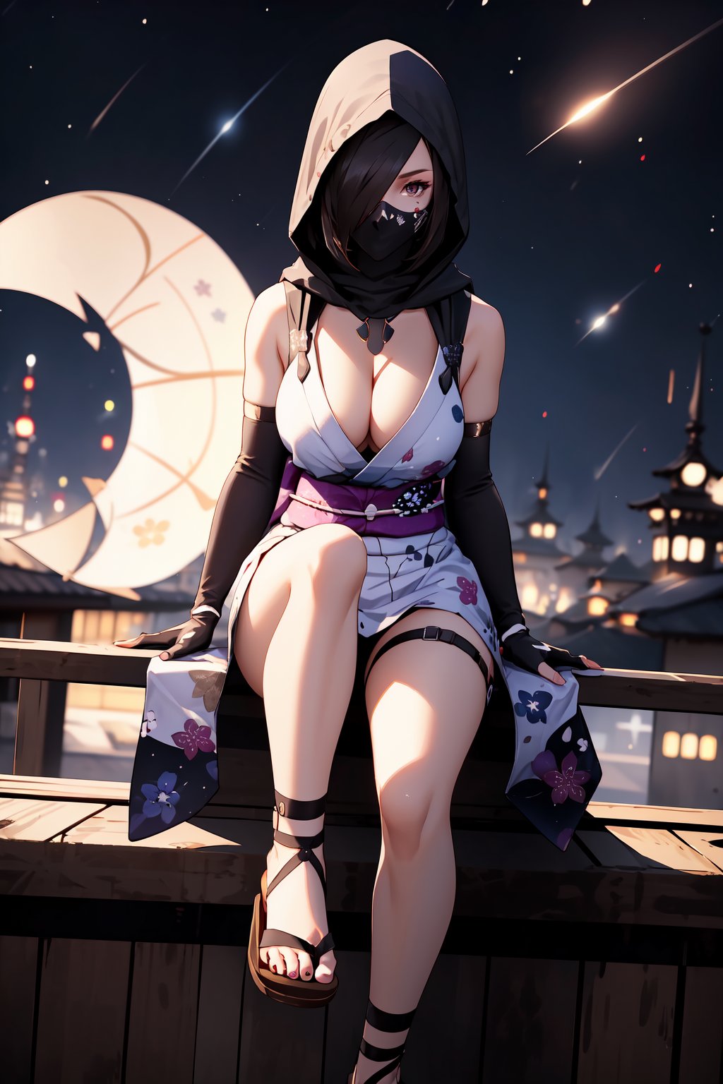 best quality,masterpiece,illustration,portrait,(solo),female ninja,ninja mask,black hair,brown_eyes,elbow gloves,fingerless_gloves,sleeveless short kimono,kimono obi,sandals,thigh strap,hood,thigh strap,large_breast,cleavage,hair over one eye,Cowboy shot,incredibly absurdres,highres,closeup,fcloseup,outdoor,night sky,sitting,full_body,rgbcolor