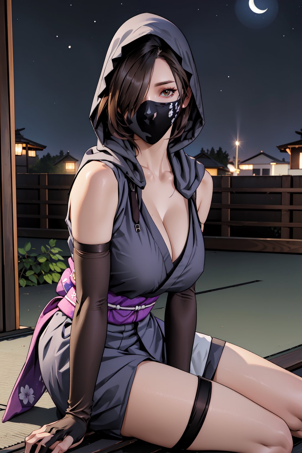 best quality,masterpiece,illustration,portrait,(solo),female ninja,ninja mask,black hair,brown_eyes,elbow gloves,fingerless_gloves,sleeveless short kimono,kimono obi,sandals,thigh strap,hood,thigh strap,large_breast,cleavage,hair over one eye,Cowboy shot,incredibly absurdres,highres,closeup,fcloseup,outdoor,night sky,sitting,full_body