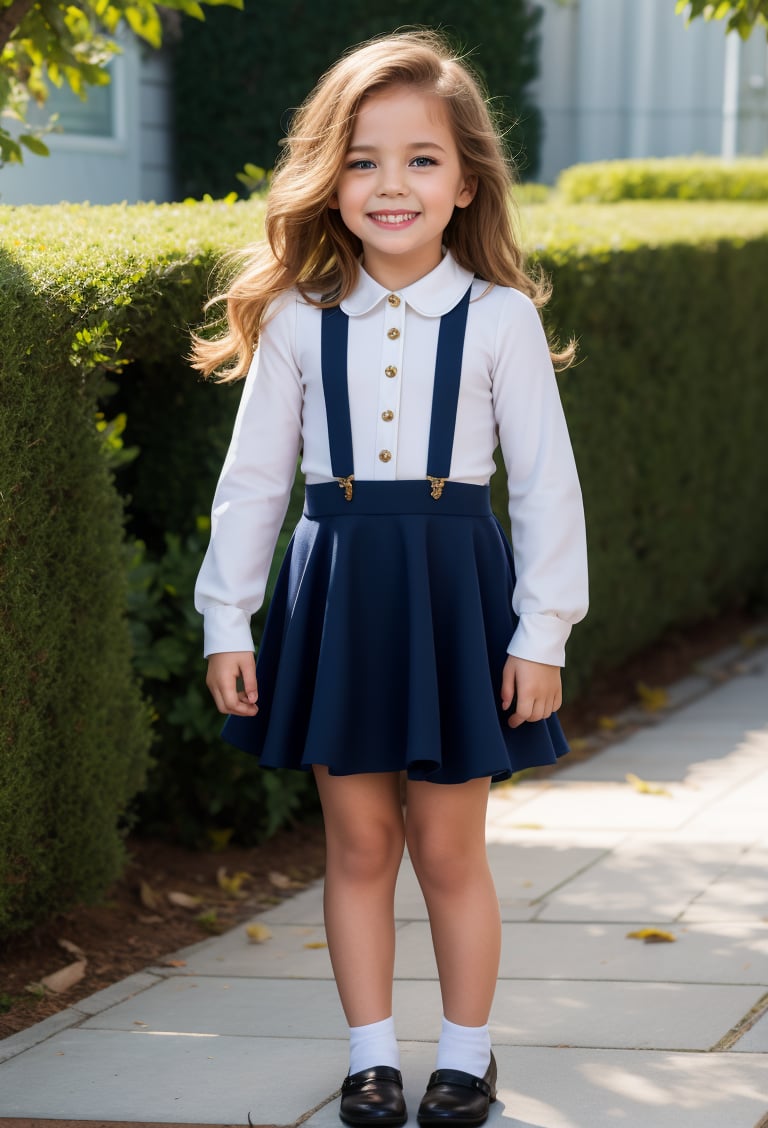 little girl, 7 year-old, full body, skirt suspender, suspender, tulle sleeves, white shirt, collar bib, lace, secret garden background, looking at viewer, white hair, Long messy Wavy Hair, hair bow, long sleeves, black shoes, realistic, sunny day, soft smile, MSWS,Long Natural Wavy Hair,MSWS,skirt suspenders,Wavy Hair