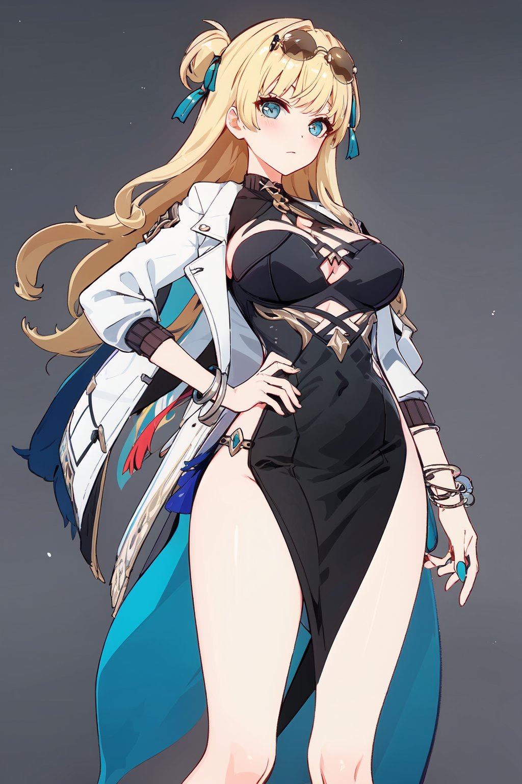 songque, (slim:1.3), large breasts, black dress, white jacket, cleavage, open jacket, eyewear on head, clothing cutout, bracelet, hair ribbon, cowboy shot, bare legs, thigh slit