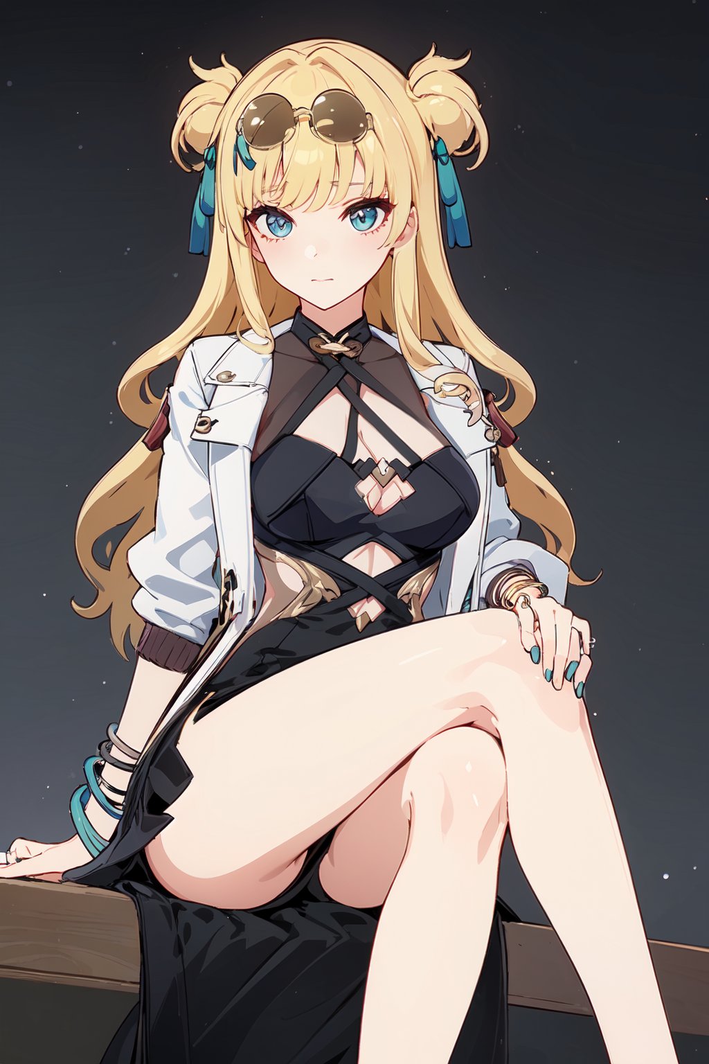 songque, black dress, white jacket, cleavage, open jacket, eyewear on head, clothing cutout, bracelet, hair ribbon, cowboy shot, bare legs, thin legs, sitting, crossed legs