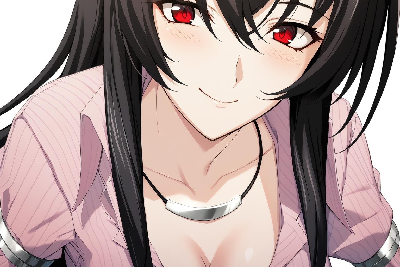1girl,Suzushiro Rein,jackrein,pinkrein,pink vertical striped shirt,sliver necklace,silver arm ring,close up,upper body,masterpiece,best quality,solo,game cg,(detailed beautiful eyes:1.2),(beautiful face:1.2),simple background,white background,smile,<lora:SuzushiroReinXL:0.8>,cleavage,blush,