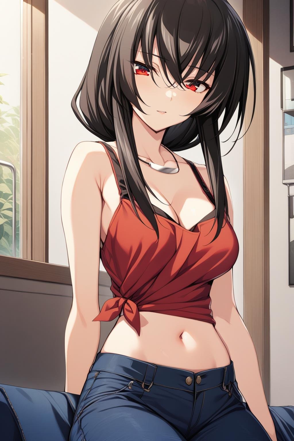 1girl,Suzushiro Rein,toprein,red front-tie top,sliver necklace,jeans,masterpiece,best quality,solo,game cg,(detailed beautiful eyes:1.2),(beautiful face:1.2),<lora:SuzushiroReinXL:0.8>,