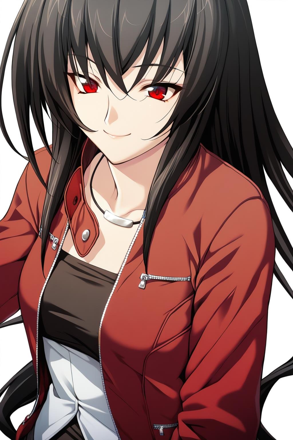 1girl,Suzushiro Rein,motorrein,red zipper coat,tube top,black chest,sliver necklace,masterpiece,best quality,solo,game cg,(detailed beautiful eyes:1.2),(beautiful face:1.2),simple background,white background,smile,upper body,<lora:SuzushiroReinXL:1>,