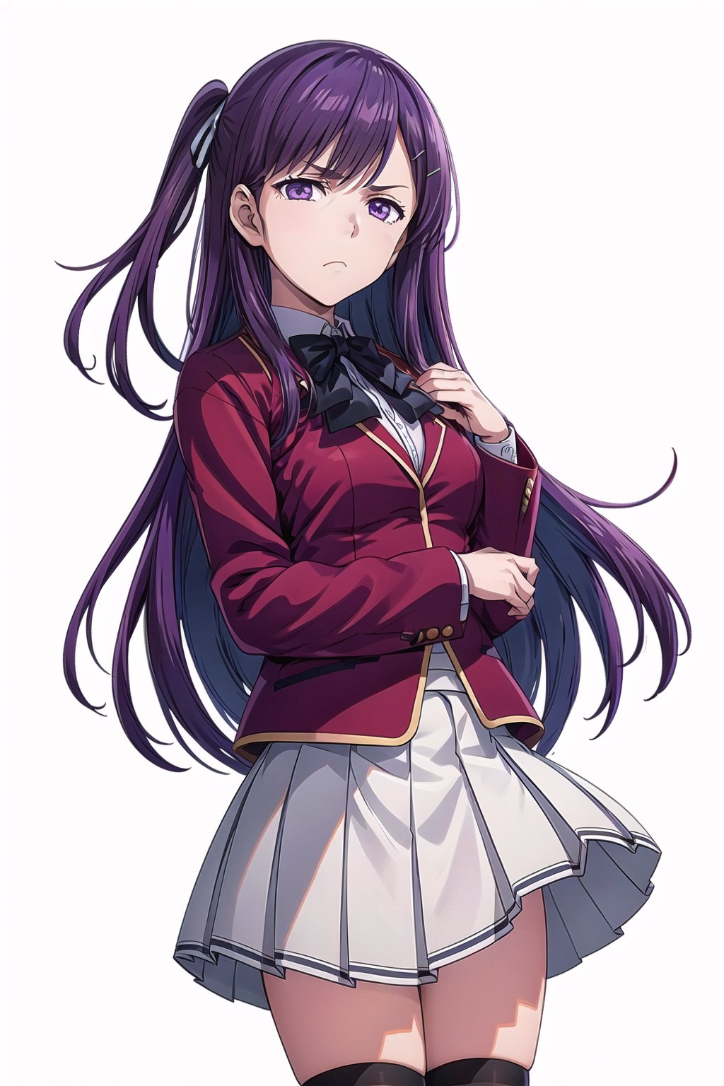 (masterpiece, best quality, official art, picture perfect, 8k:1.6), 1girl, solo, Kamuro, (looking at viewer, cowboy shot:1), (purple hair, long hair, hair ribbon, one side up, hairclip:1.2), (purple eyes, shining purple eyes, light frown, closed mouth:1.3), large breasts, (Kamuro Attire, school uniform, white skirt, bowtie, red jacket, white shirt, black kneehighs, pleated skirt:1.3), (simple background:1.4),Kamuro Attire