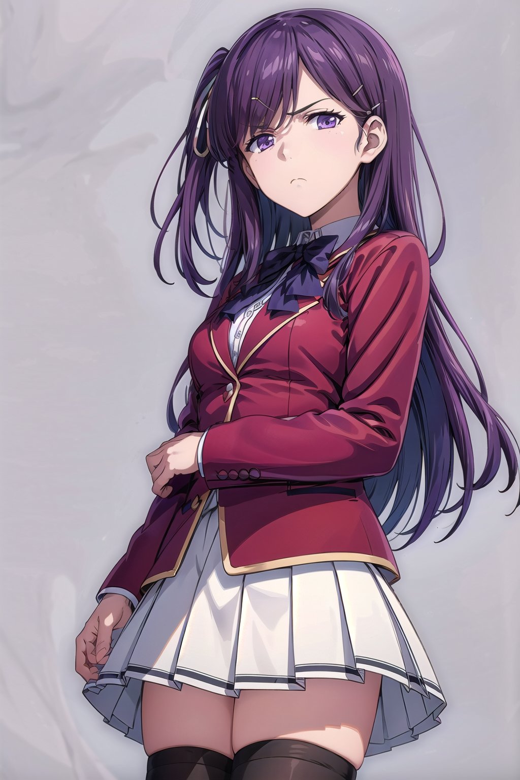 (masterpiece, best quality, official art, picture perfect, 8k:1.6), 1girl, solo, Kamuro, (looking at viewer, cowboy shot:1), (purple hair, long hair, hair ribbon, one side up, hairclip:1.2), (purple eyes, shining purple eyes, light frown, closed mouth:1.3), large breasts, (Kamuro Attire, school uniform, white skirt, bowtie, red jacket, white shirt, black kneehighs, pleated skirt:1.3), (simple background:1.4),Kamuro Attire