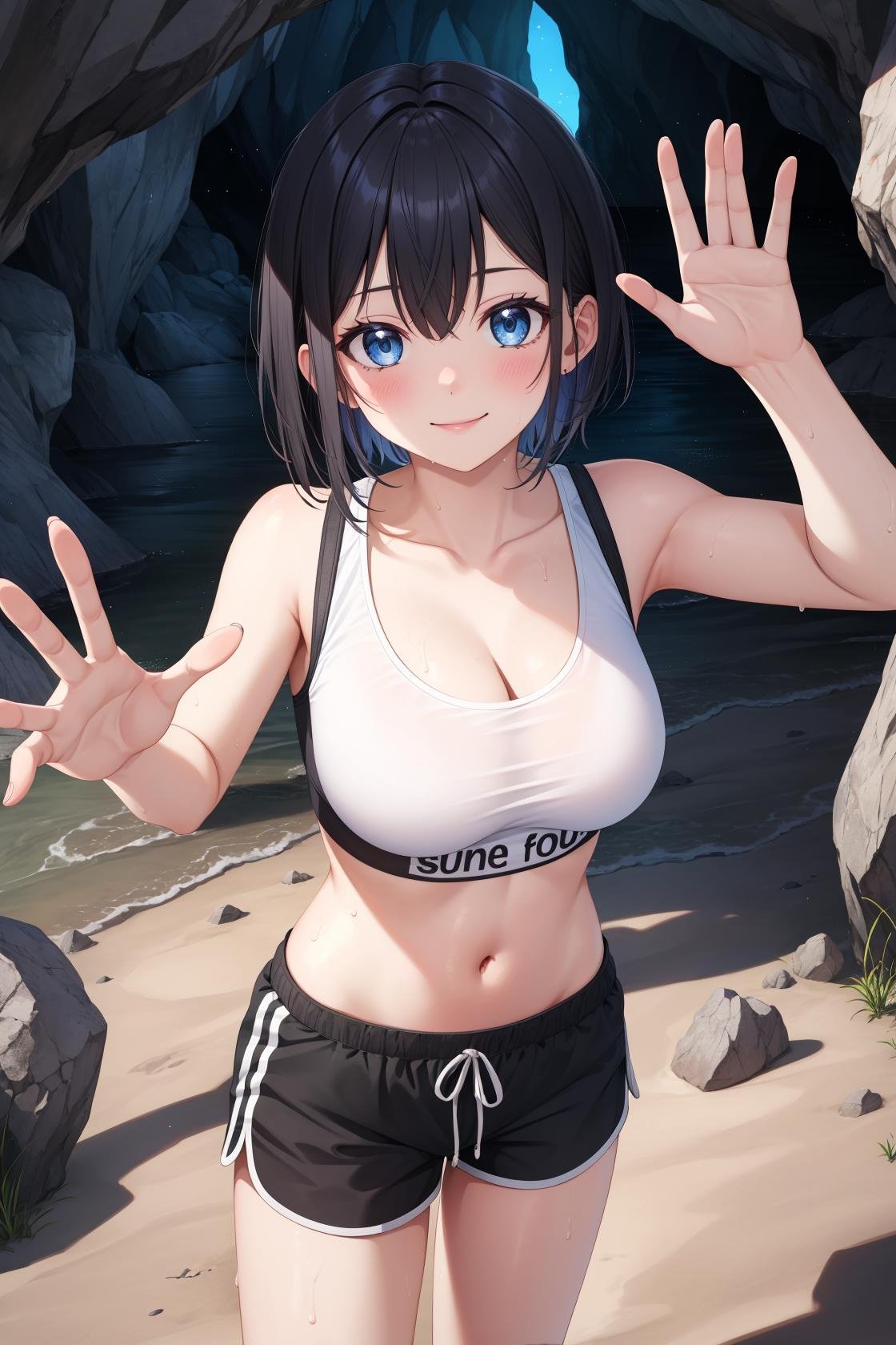 masterpiece, best quality, highres,SportAi, 1girl, solo, bangs, black hair, blue eyes, short hair, blush, smile, closed mouth, sweat, sweatdrop, large breasts, breasts,navel, cleavage, thighs, shorts, midriff, stomach, crop top, short shorts, black shorts, clothes writing, sports bra, dolphin shorts,upper body, looking at viewer, waving, waving arms, outdoors, cave, darkness, shadow, stalactite, <lora:Sport:1>