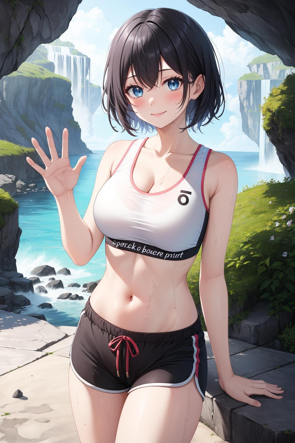 masterpiece, best quality, highres,SportAi, 1girl, solo, bangs, black hair, blue eyes, short hair, blush, smile, closed mouth, sweat, sweatdrop, large breasts, breasts,navel, cleavage, thighs, shorts, midriff, stomach, crop top, short shorts, black shorts, clothes writing, sports bra, dolphin shorts,upper body, looking at viewer, waving, waving arms, outdoors, cave, darkness, shadow, stalactite, <lora:Sport:1>
