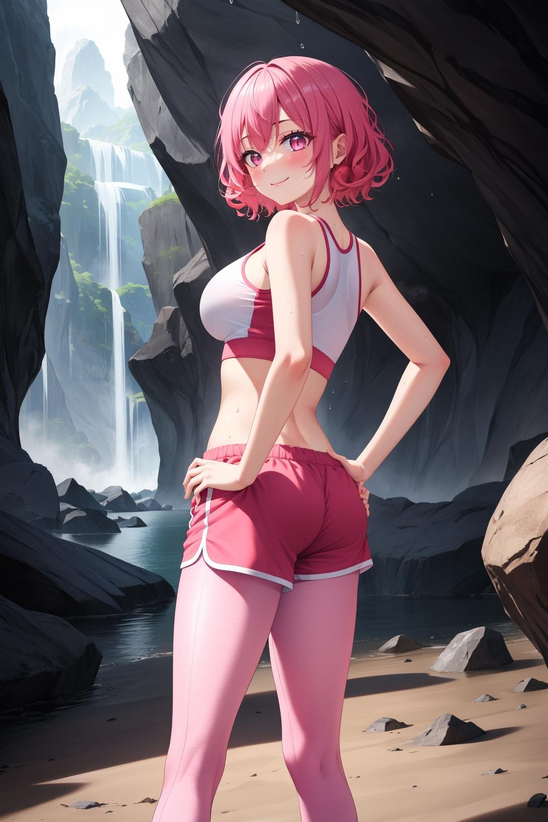 masterpiece, best quality, highres,SportAi, 1girl, solo, bangs, pink hair, pink eyes, colored eyelashes, curly hair, short hair, blush, smile, closed mouth, sweat, sweatdrop, large breasts, breasts,navel, cleavage, thighs, shorts, midriff, crop top, short shorts, pink shorts, pink crop top, clothes writing, sports bra, leggings, pantyhose, dolphin shorts, from behind, ass, looking back, hands on own hips, outdoors, cave, darkness, shadow, stalactite, <lora:Sport:1>