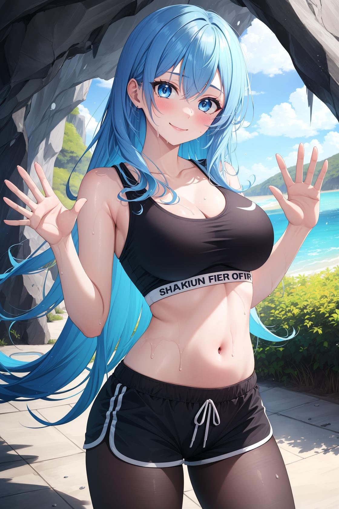masterpiece, best quality, highres,SportAi, 1girl, solo, bangs, light blue hair, blue hair, light blue eyes, blue eyes, colored eyelashes, curly hair, very long hair, long hair, blush, smile, closed mouth, sweat, sweatdrop, large breasts, breasts,navel, cleavage, thighs, shorts, midriff, stomach, crop top, short shorts, black shorts, clothes writing, sports bra, leggings, pantyhose, dolphin shorts,upper body, looking at viewer, waving, waving arms, outdoors, cave, darkness, shadow, stalactite, <lora:Sport:1>