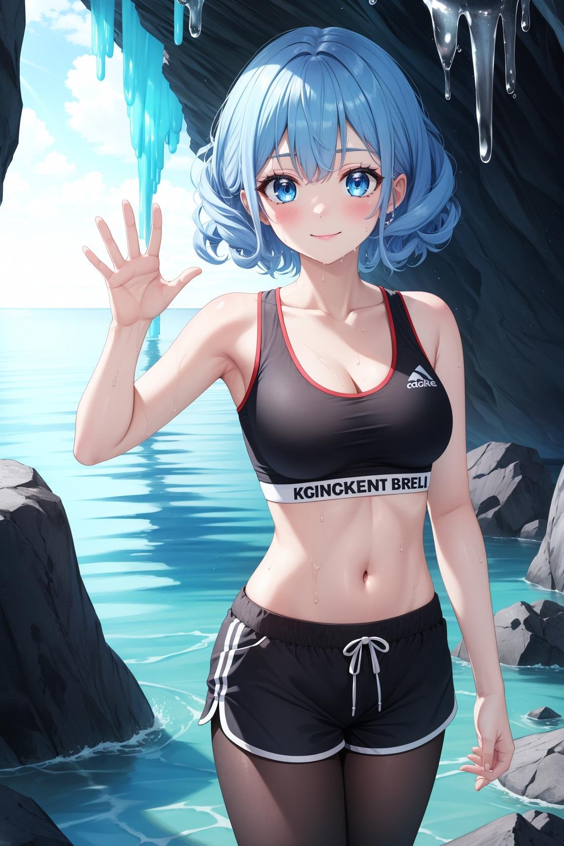 masterpiece, best quality, highres,SportAi, 1girl, solo, bangs, light blue hair, blue hair, light blue eyes, blue eyes, colored eyelashes, curly hair, short hair, blush, smile, closed mouth, sweat, sweatdrop, large breasts, breasts,navel, cleavage, thighs, shorts, midriff, stomach, crop top, short shorts, black shorts, clothes writing, sports bra, leggings, pantyhose, dolphin shorts, upper body, looking at viewer, waving, waving arms, outdoors, cave, darkness, shadow, stalactite, <lora:Sport:1>