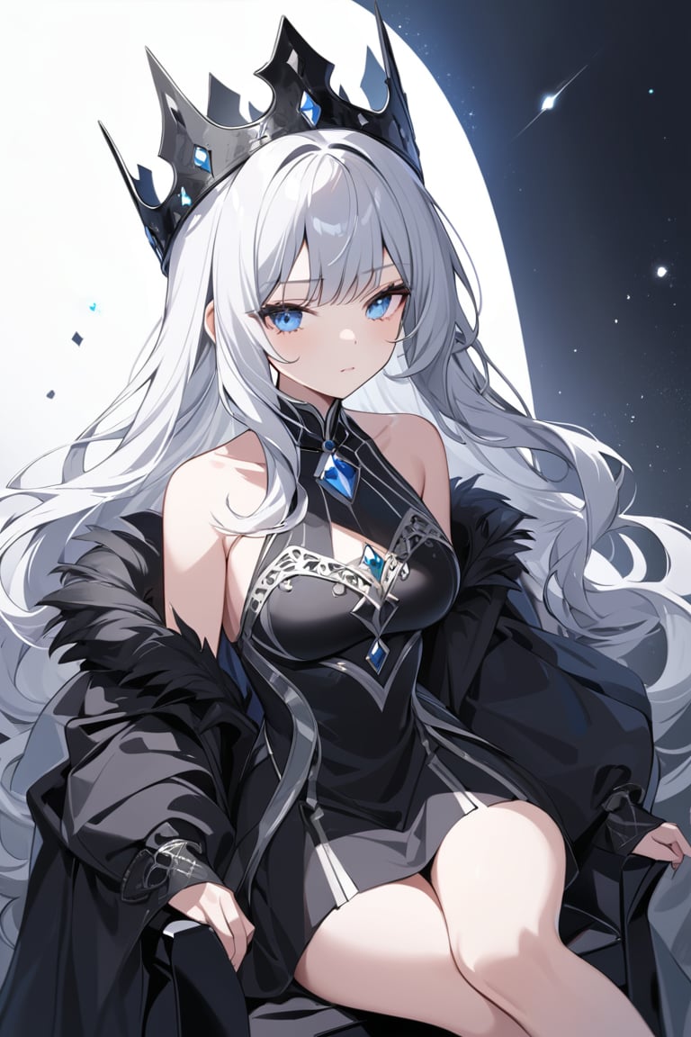 (((masterpiece))),best quality, illustration,(beautiful detailed girl), a girl ,solo,bare shoulders,flat_chst,diamond and glaring eyes,beautiful detailed cold face,very long blue and sliver hair,floaing black feathers,wavy hair,black and white sleeves,gold and sliver fringes,a (blackhole) behind the girl,a silver triple crown inlaid with obsidian,(sit) on the black ((throne)), (depth) of (field)