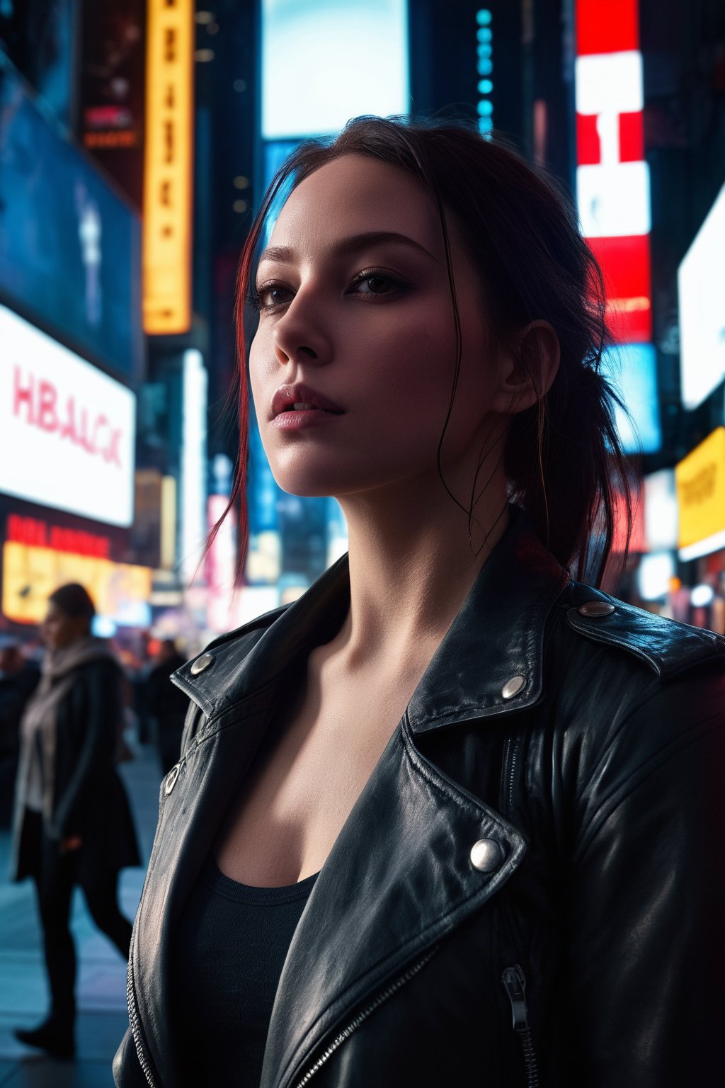 (ultra realistic,best quality),photorealistic,Extremely Realistic, in depth, cinematic light,hubgwomen,hubg_beauty_girl,

1 female detailed face time square detailed background cyberpunk shadow dramatic lighting by Bill Sienkiewicz,

intricate background, realism,realistic,raw,analog,portrait,photorealistic