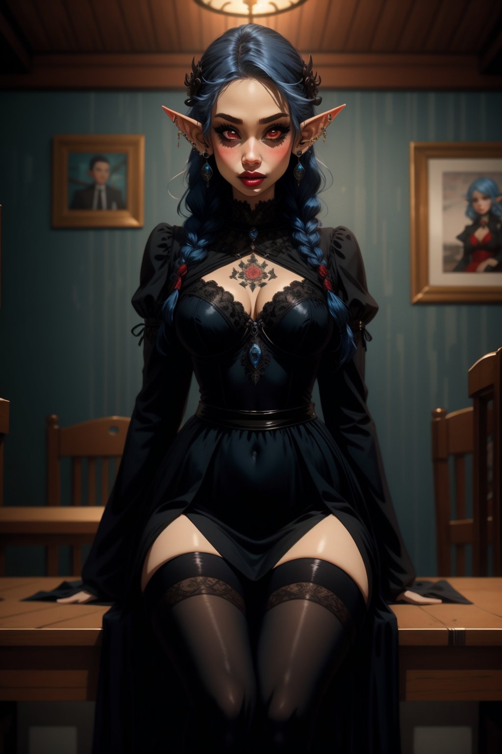1girl, solo, long hair, breasts, looking at viewer, blush, large breasts, hair ornament, red eyes, thighhighs, long sleeves, dress, navel, cleavage, jewelry, medium breasts, sitting, blue hair, braid, flower, earrings, pointy ears, black thighhighs, indoors, black dress, lips, clothing cutout, tattoo, colored skin, piercing, cleavage cutout, elf, ear piercing, pelvic curtain, blue skin, navel cutout