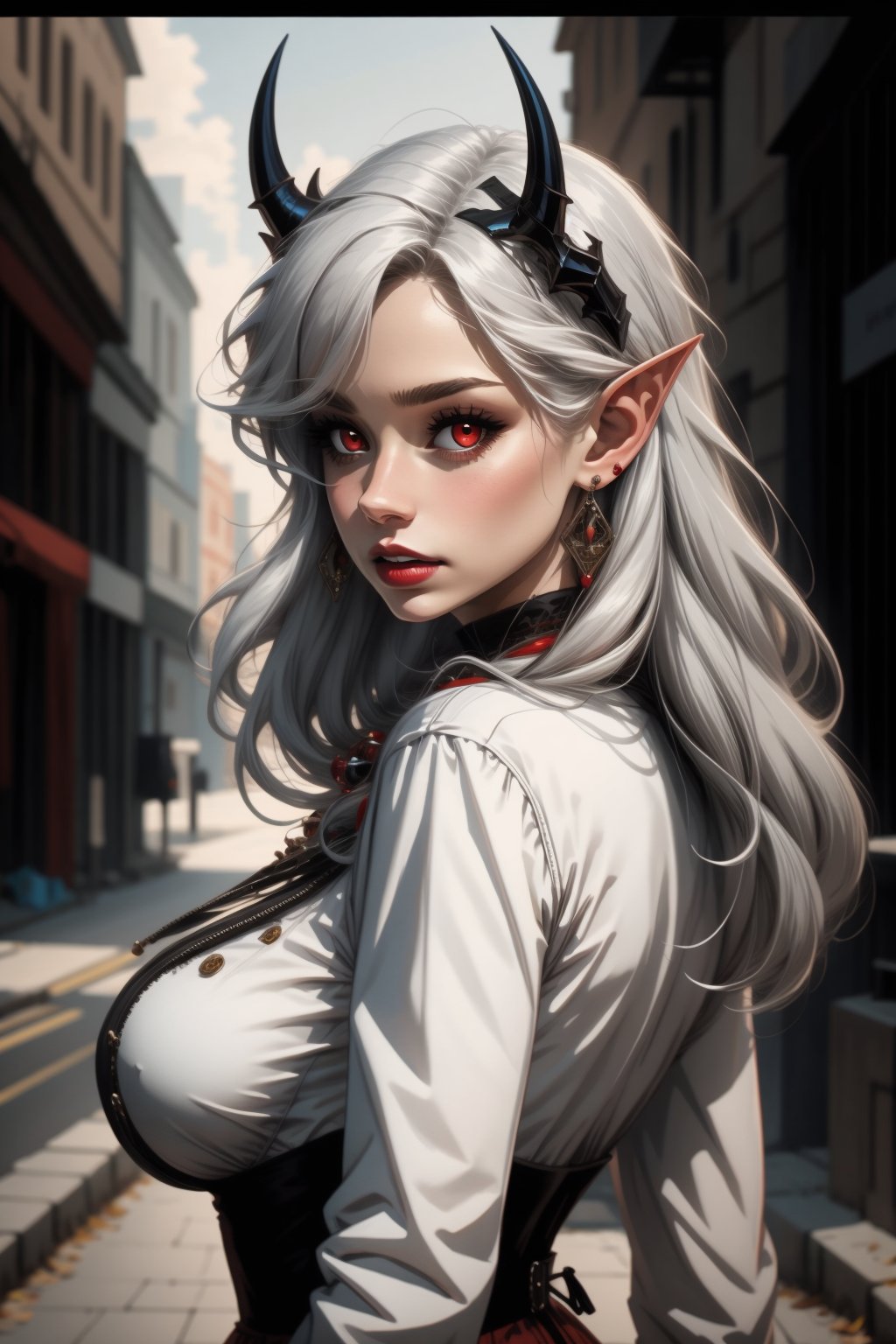 1girl, solo, long hair, breasts, looking at viewer, red eyes, long sleeves, dress, jewelry, white hair, earrings, horns, pointy ears, looking back, from side, colored skin, wavy hair, grey skin