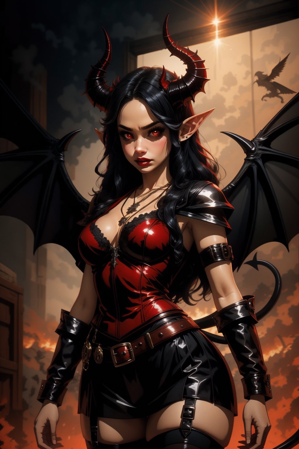 1girl, solo, long hair, breasts, black hair, red eyes, thighhighs, holding, cleavage, jewelry, medium breasts, tail, weapon, wings, horns, pointy ears, belt, sword, necklace, holding weapon, thigh strap, colored skin, holding sword, demon girl, demon horns, demon tail, demon wings, red skin
