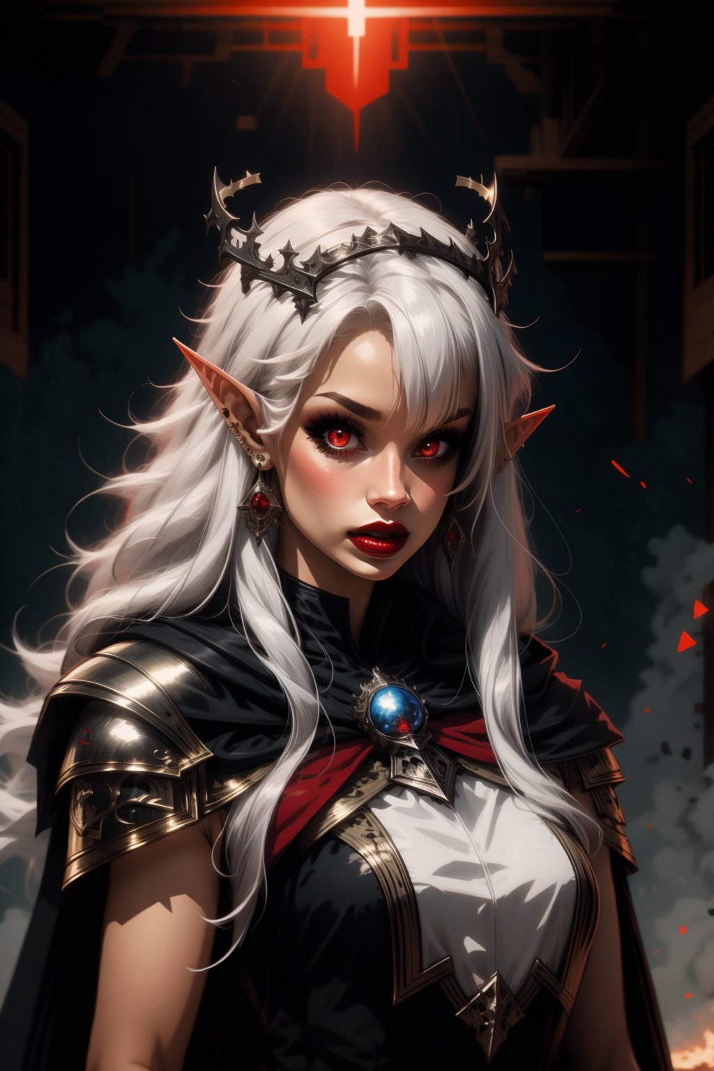 1girl, solo, long hair, looking at viewer, red eyes, dress, jewelry, white hair, earrings, pointy ears, cape, armor, black dress, fingernails, makeup, glowing, colored skin, halo, lipstick, elf, shoulder armor, long fingernails, pauldrons, black cape, red lips, orb