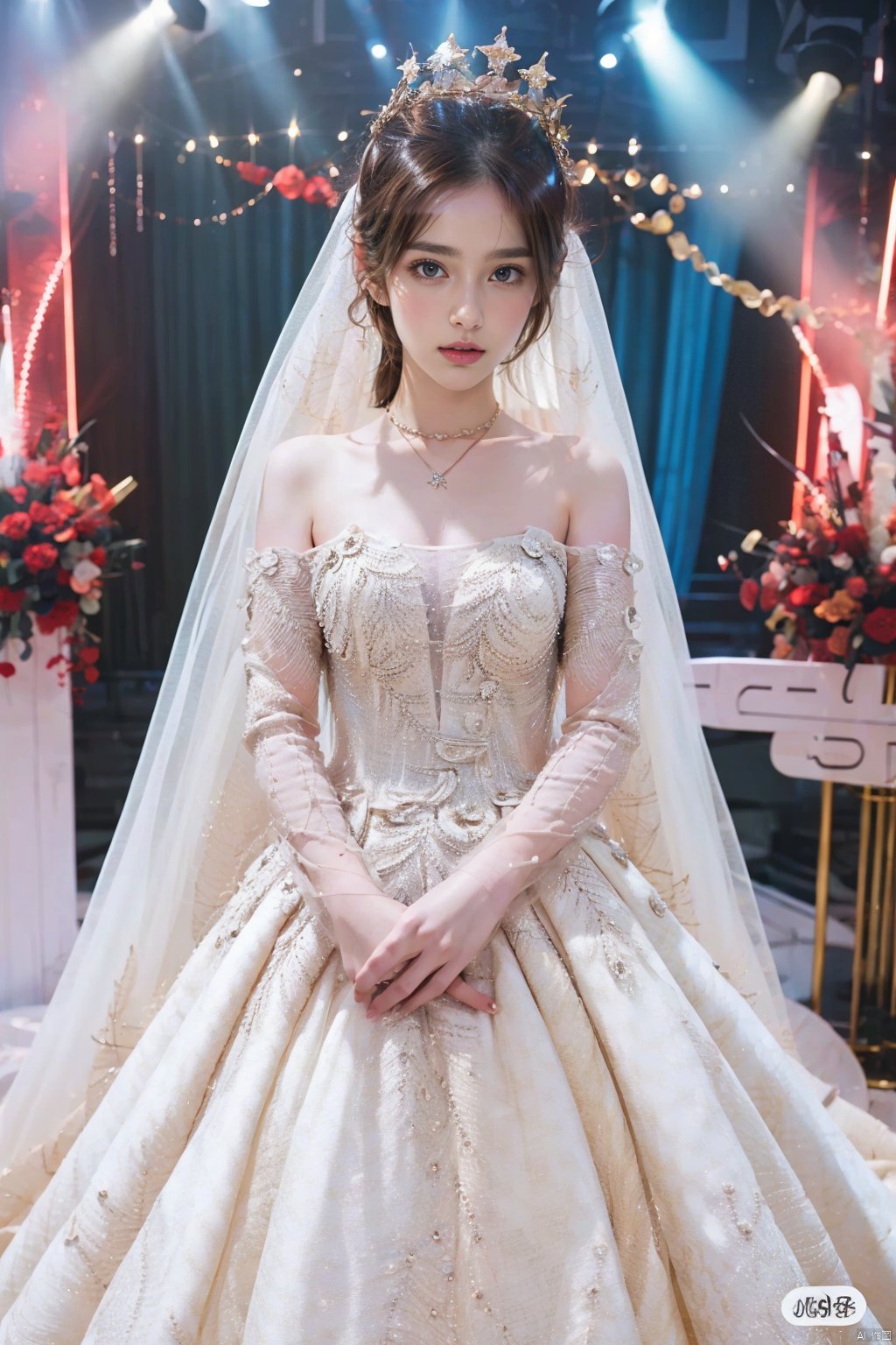  Ultra-clear 8k, real, night, smile, crown, necklace, perspective, hanger, wedding studio, nudity, diamonds, lots of dresses around, jy, bridal veil, wedding dress, 1 girl, Asian girl