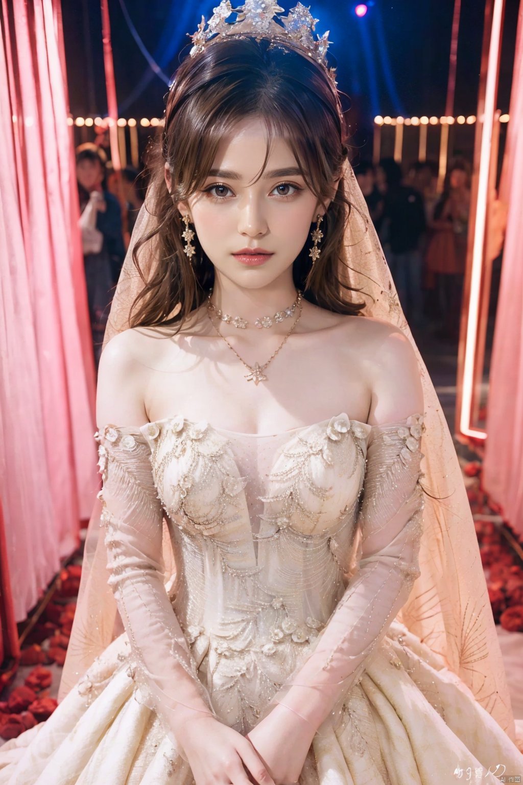  Ultra-clear 8k, real, night, smile, crown, necklace, perspective, hanger, wedding studio, nudity, diamonds, lots of dresses around, jy, bridal_veil, wedding dress, 1 girl, Asian girl