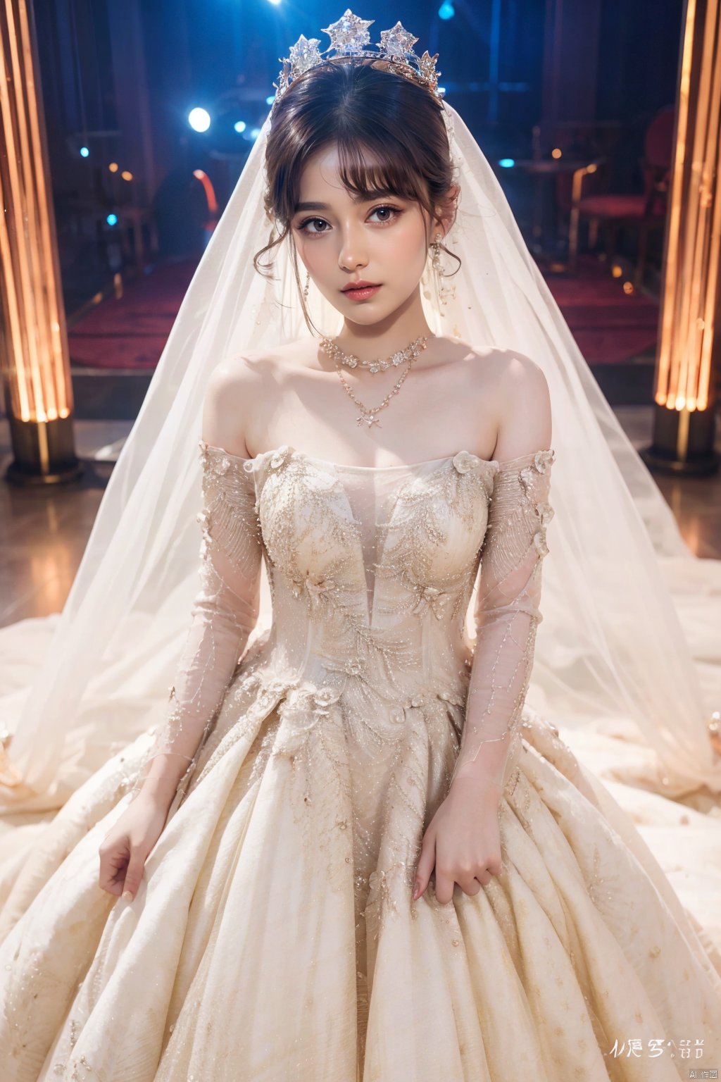  Ultra-clear 8k, real, night, smile, crown, necklace, perspective, hanger, wedding studio, nudity, diamonds, lots of dresses around, jy, bridal_veil, wedding dress, 1 girl, Asian girl