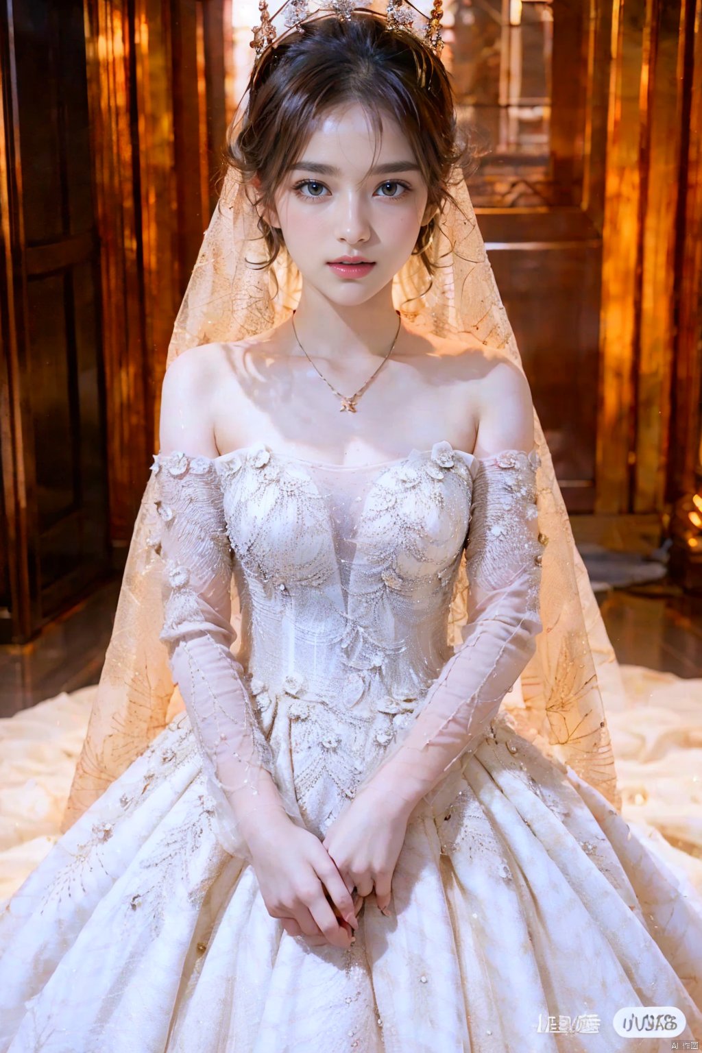  Ultra-clear 8k, real, night, smile, crown, necklace, perspective, hanger, wedding studio, nudity, diamonds, lots of dresses around, jy, bridal veil, wedding dress, 1 girl, Asian girl