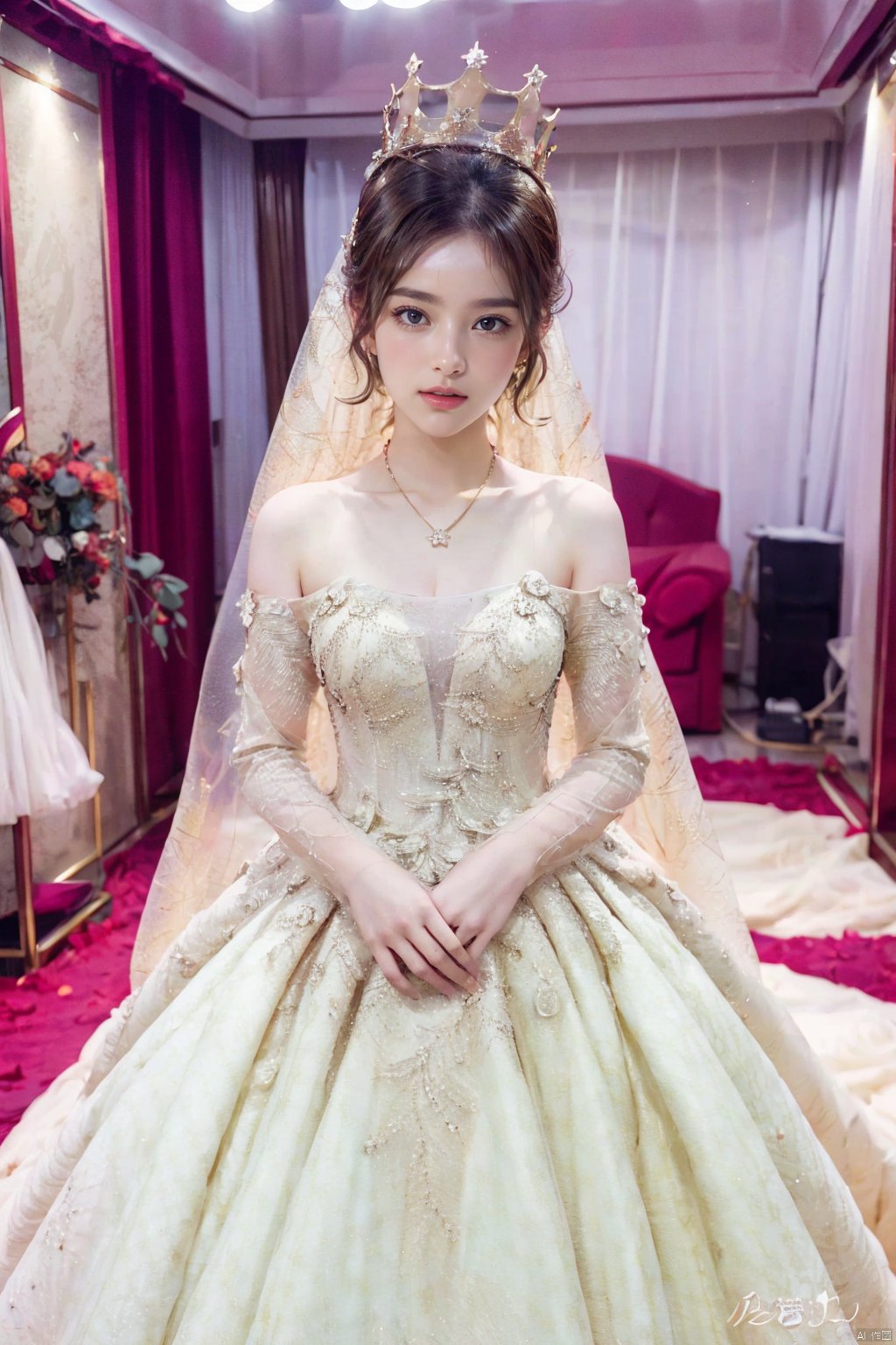  Ultra-clear 8k, real, night, smile, crown, necklace, perspective, hanger, wedding studio, nudity, diamonds, lots of dresses around, jy, bridal veil, Golden wedding dress, 1 girl, Asian girl, wedding dress