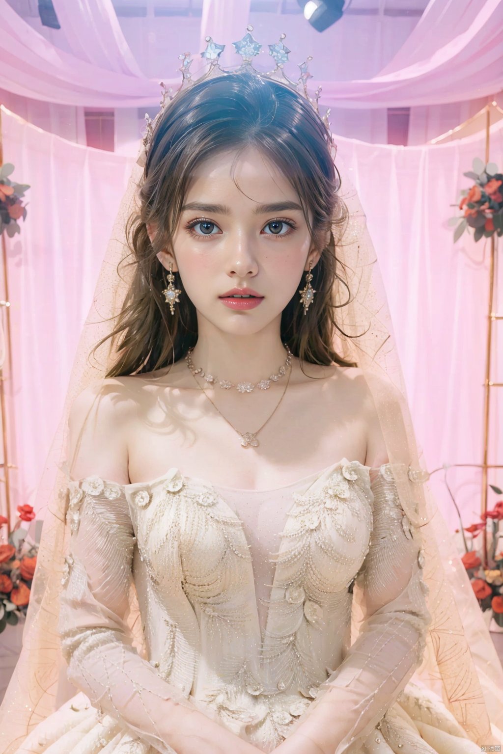  Ultra-clear 8k, real, night, smile, crown, necklace, perspective, hanger, wedding studio, nudity, diamonds, lots of dresses around, jy, bridal veil, wedding dress, 1 girl, Asian girl