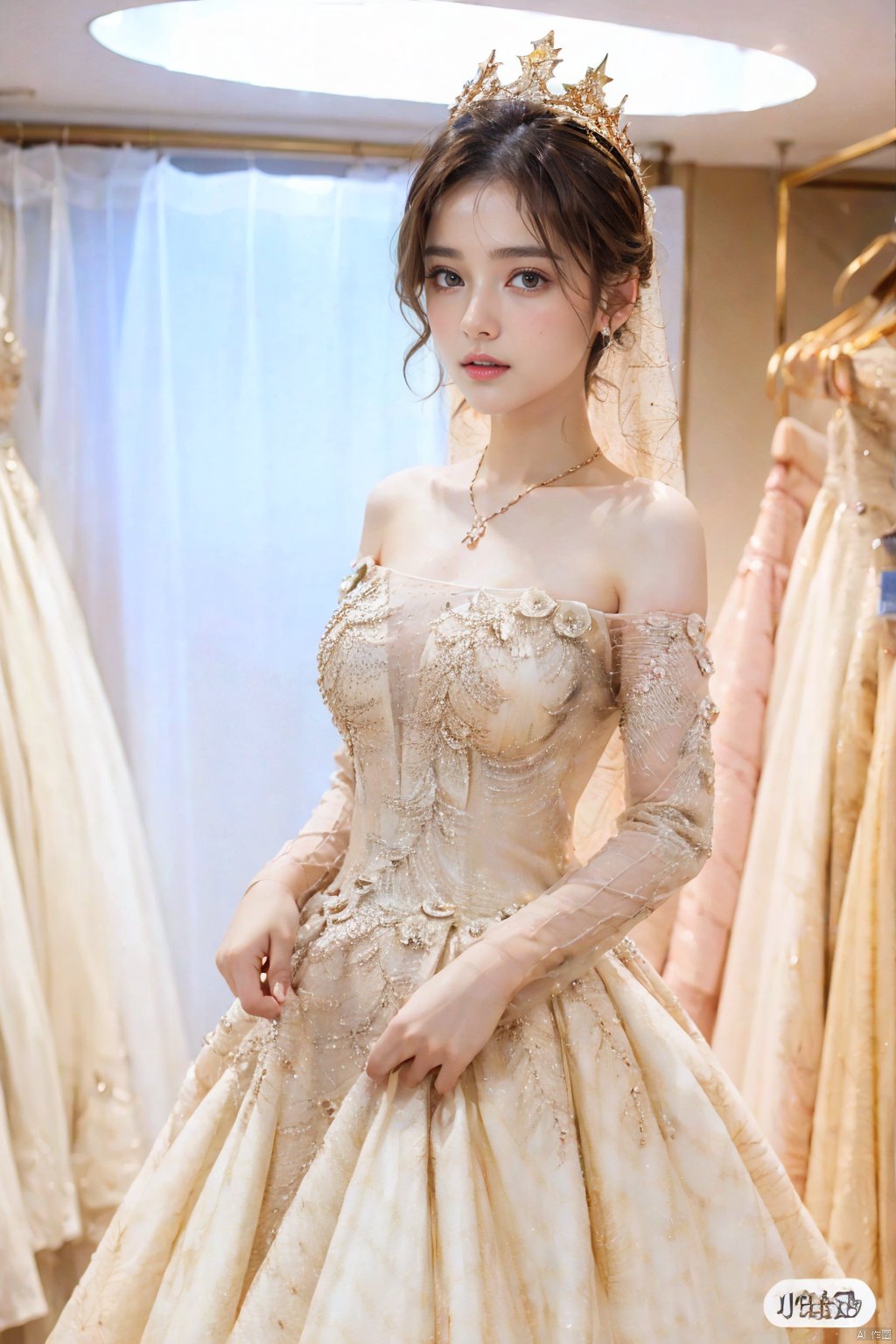  Ultra-clear 8k, real, night, smile, crown, necklace, perspective, hanger, wedding studio, nudity, diamonds, lots of dresses around, jy, bridal veil, Golden wedding dress, 1 girl, Asian girl, wedding dress