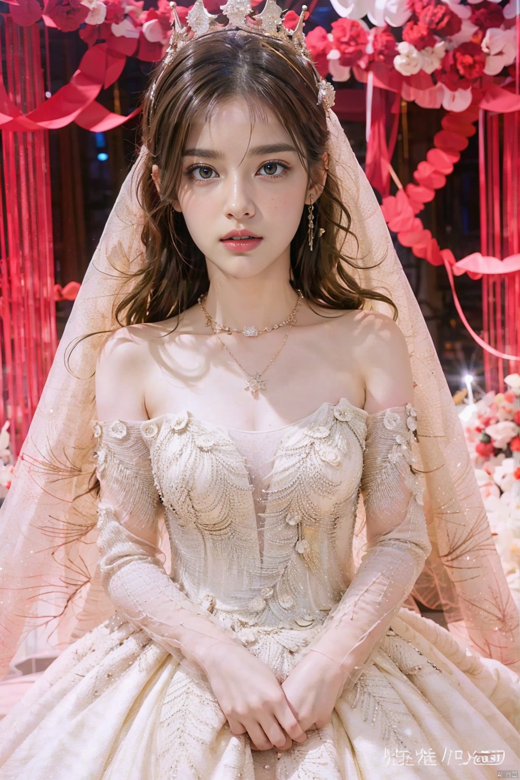  Ultra-clear 8k, real, night, smile, crown, necklace, perspective, hanger, wedding studio, nudity, diamonds, lots of dresses around, jy, bridal veil, wedding dress, 1 girl, Asian girl