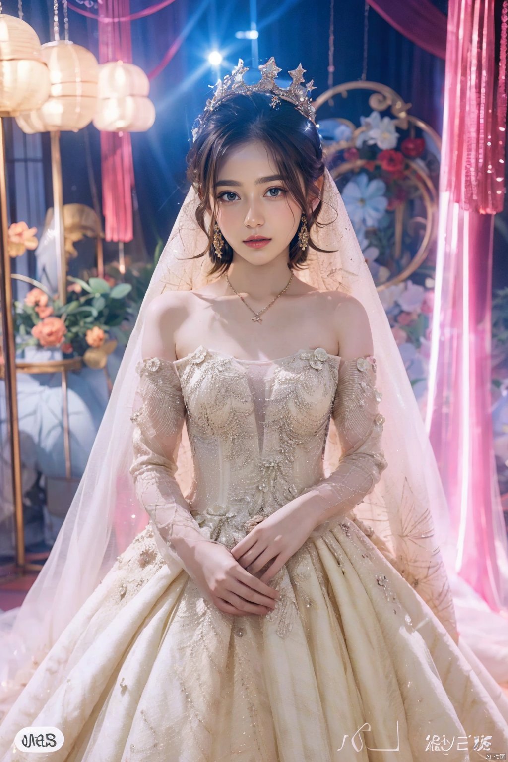  Ultra-clear 8k, real, night, smile, crown, necklace, perspective, hanger, wedding studio, nudity, diamonds, lots of dresses around, jy, bridal_veil, wedding dress, 1 girl, Asian girl